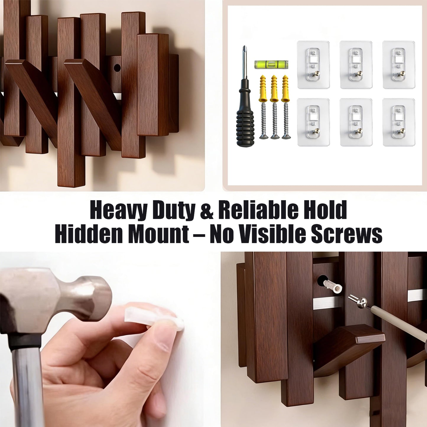 BWCXR Wall Mounted Wooden Coat Rack with Flip-Down Piano Key Hooks, Hardwood Heavy Duty Wall Hook Rack with Hidden Mount for Entryway, Coats, Bags & Hats, Walnut Wood with 8 Hooks