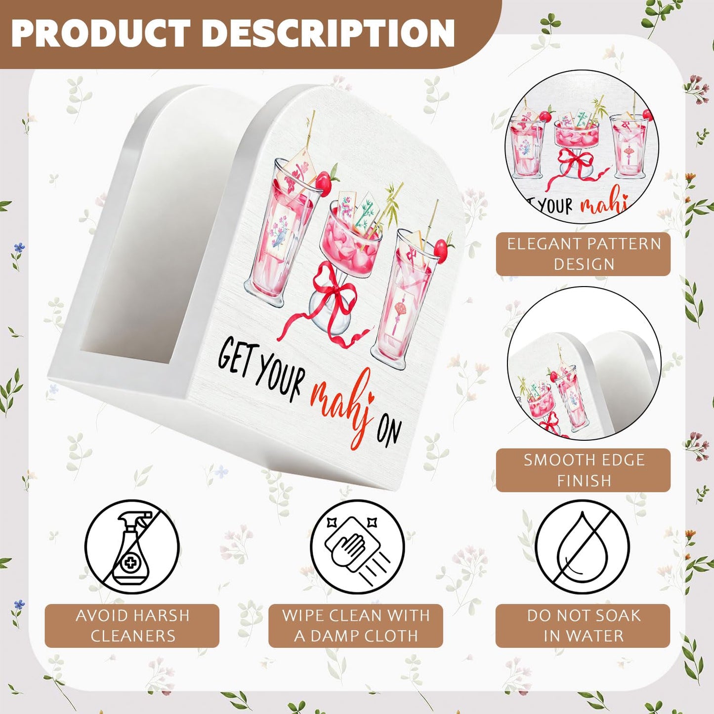 YRDBGHZDF Coquette Bow Mahjong Cocktail Wood Napkin Holder, Mahjong Lover Player Gifts Wooden Standing Napkin Dispenser for Table Kitchen Dining Room Bar Pub Lounge Decorations