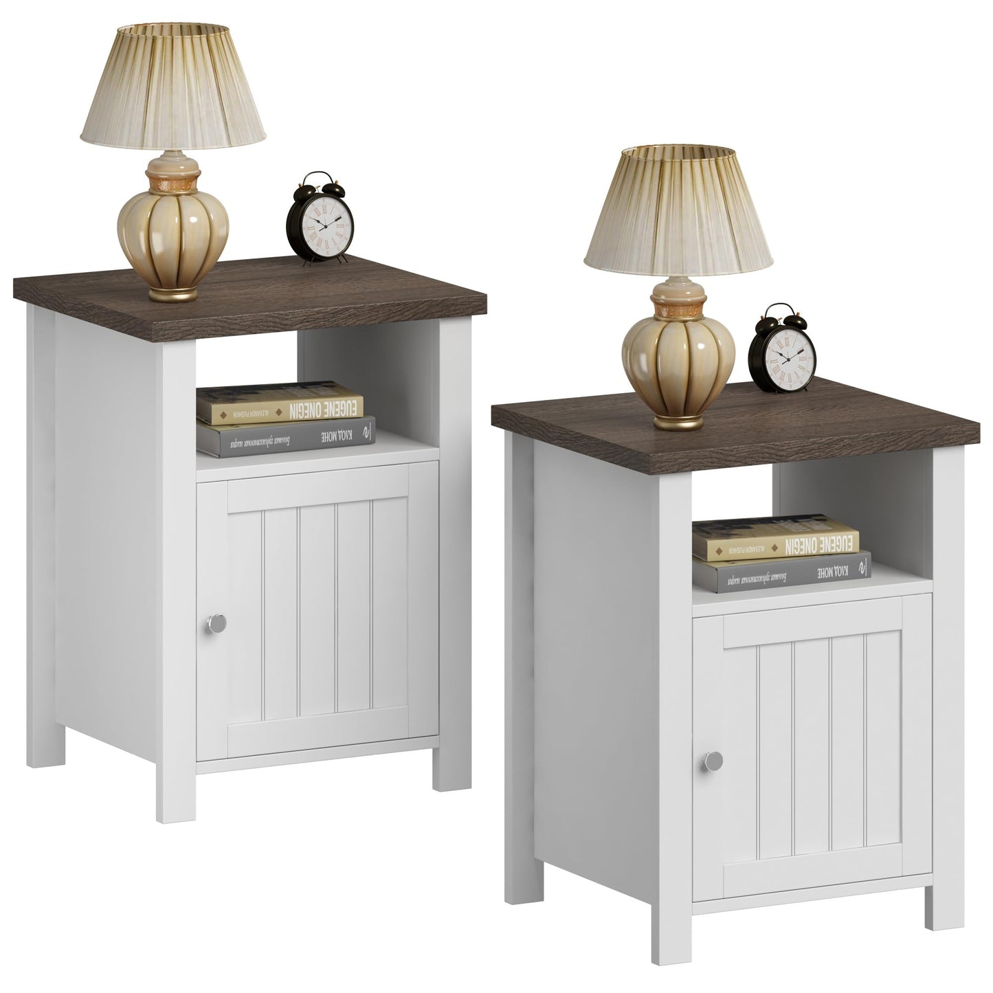 ChooChoo Farmhouse Nightstands Set of 2, Wooden Night Stand with Storage and Open Shelf, Rustic End Table Set of 2 for Bedroom, White & Brown