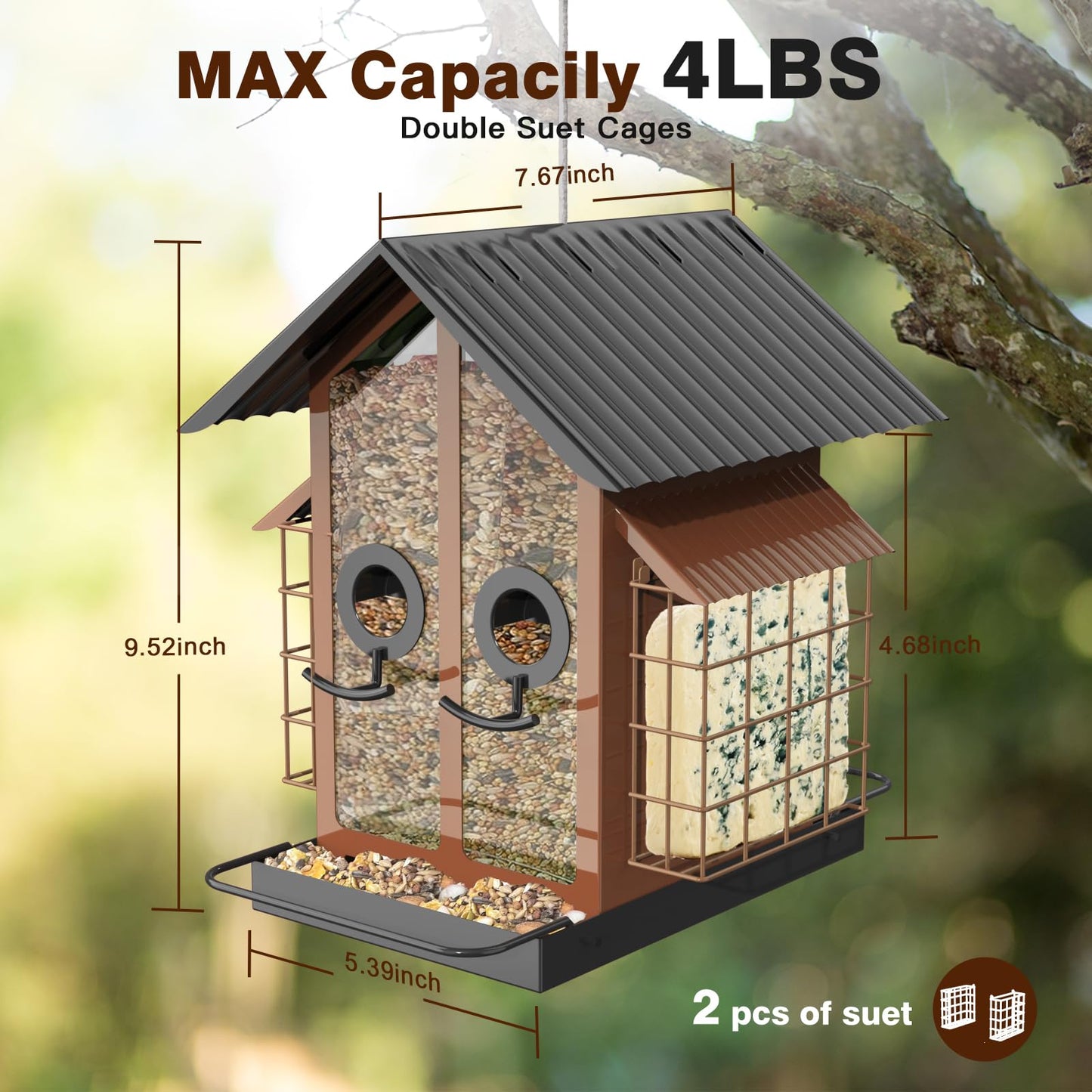 FlowaFoli Bird Feeders for Outdoors, Metal Bird Feeder with Double Suet Cage Weatherproof Metal Roof, 2 in 1 Mixed Seeds Suet Feeder, 4Lbs Large Capacity, Great for FinchăCardinalăChickadeeďźBrownďź