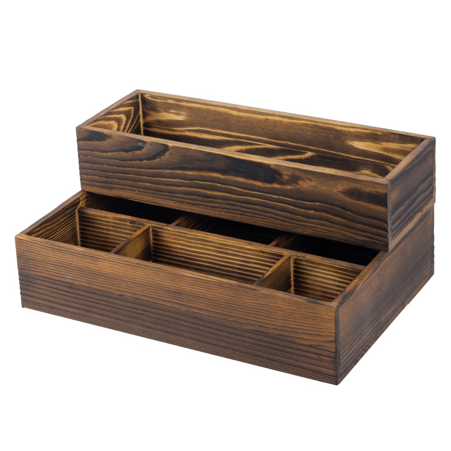 MyGift Counter Storage Organizer, 2 Tier Rustic Burnt Solid Wood Stackable Modular Vanity Countertop Storage Organizer Trays, Decorative Bathroom Makeup Cosmetic Box, 2 Piece Set