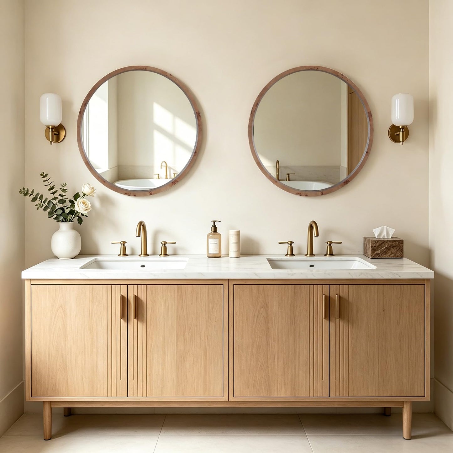 WallBeyond 24 Inch Round Wood Mirror, Farmhouse Circle Wooden Frame Wall Mounted Mirror for Bathroom Vanity, Living Room, Bedroom, Entryway, Natural