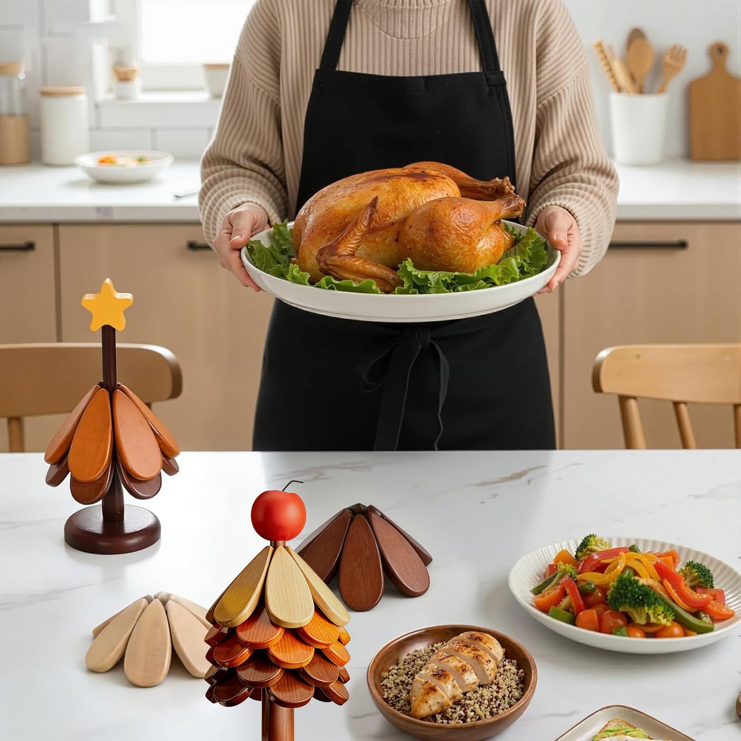 Wooden Trivets for Hot Dishes Tree Trivet Set with Apple Topper, 5-Layer Wooden Hot Pad for Table Protection, Foldable Heat Resistant Mat, Festive Coaster & Holiday Kitchen Decor
