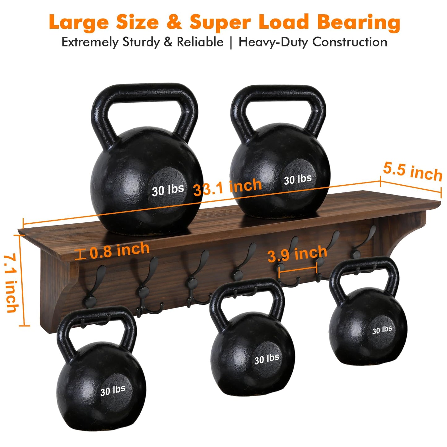33" Coat Rack with Shelf Wall Mount, Pre-Assembled Solid Wood Coat Hooks with Shelf, Wall Coat Hanger with 7 Metal Triple-Hooks for Hanging Hat,Key,Clothes,Towel, for Entryway,Bedroom,Bathroom,Charred