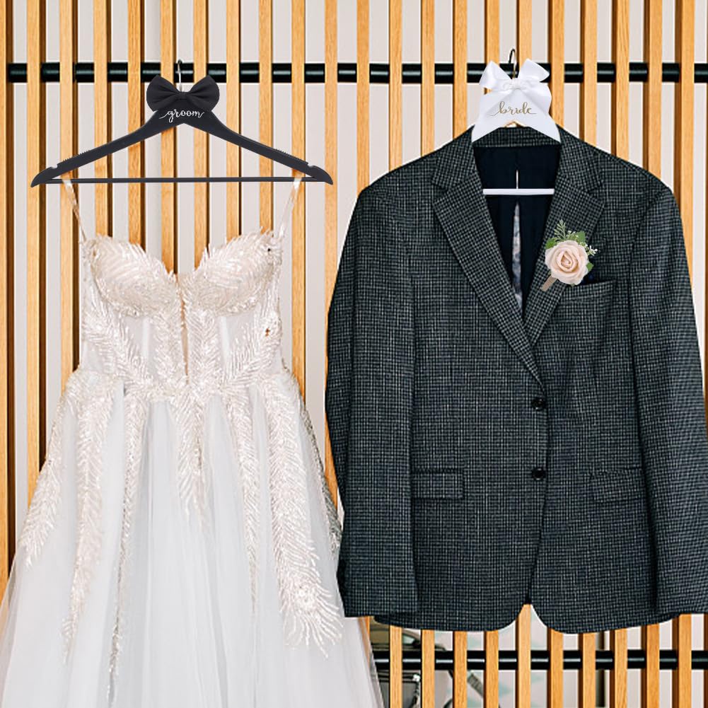 INFUNLY 2 Pack Bride Groom Hanger for Wedding Wooden Bridal Dress Suit Hangers with Bow Tie Wrist Corsage Flower 17.5x8.9 Inches Mr and Mrs Shirt Tuxedo Suit Hanger Shower Gift Accessories