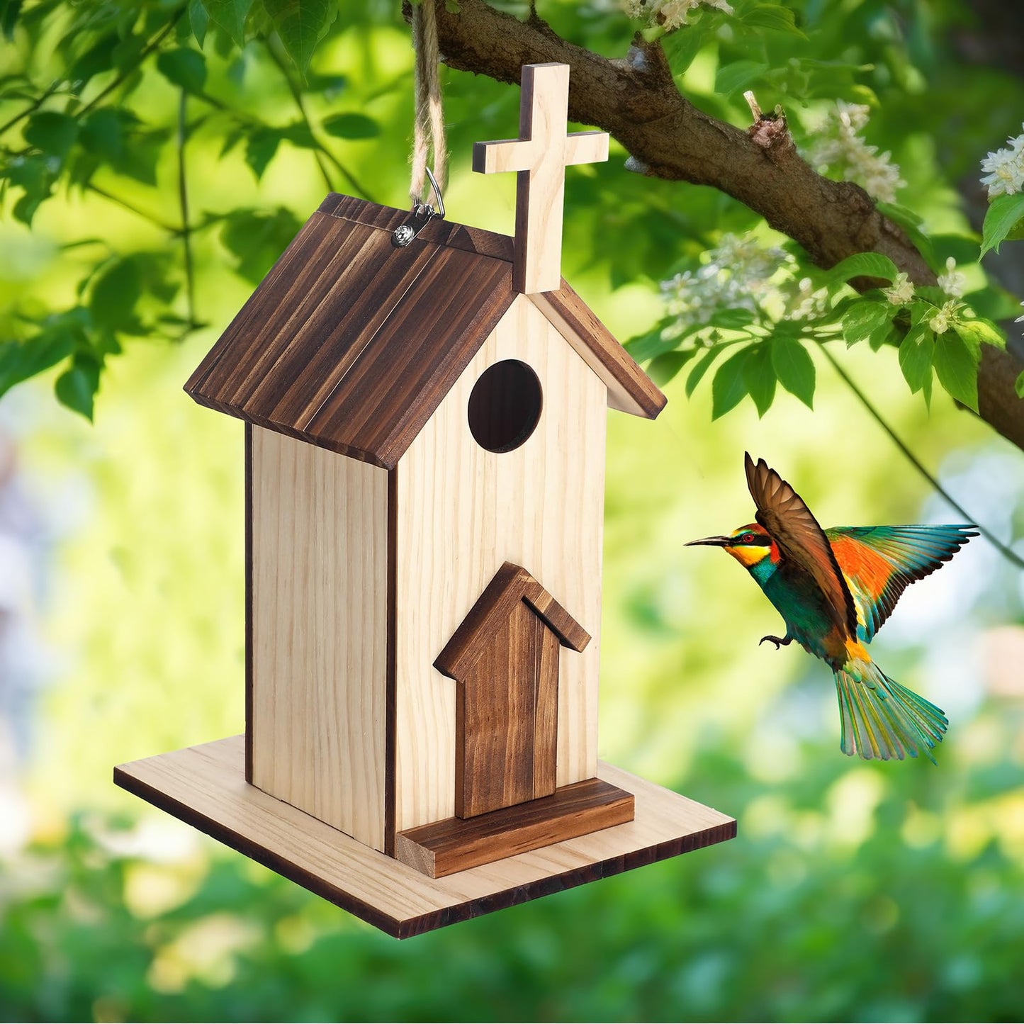 Leinuosen 2 Pcs Birdhouse Outdoor Hanging Wooden Church Birdhouse Cross Design 12" H Small Bird Houses Religious Bluebird Hummingbird Nesting Boxes for Outside Spring Easter Baptisms Garden Decoration