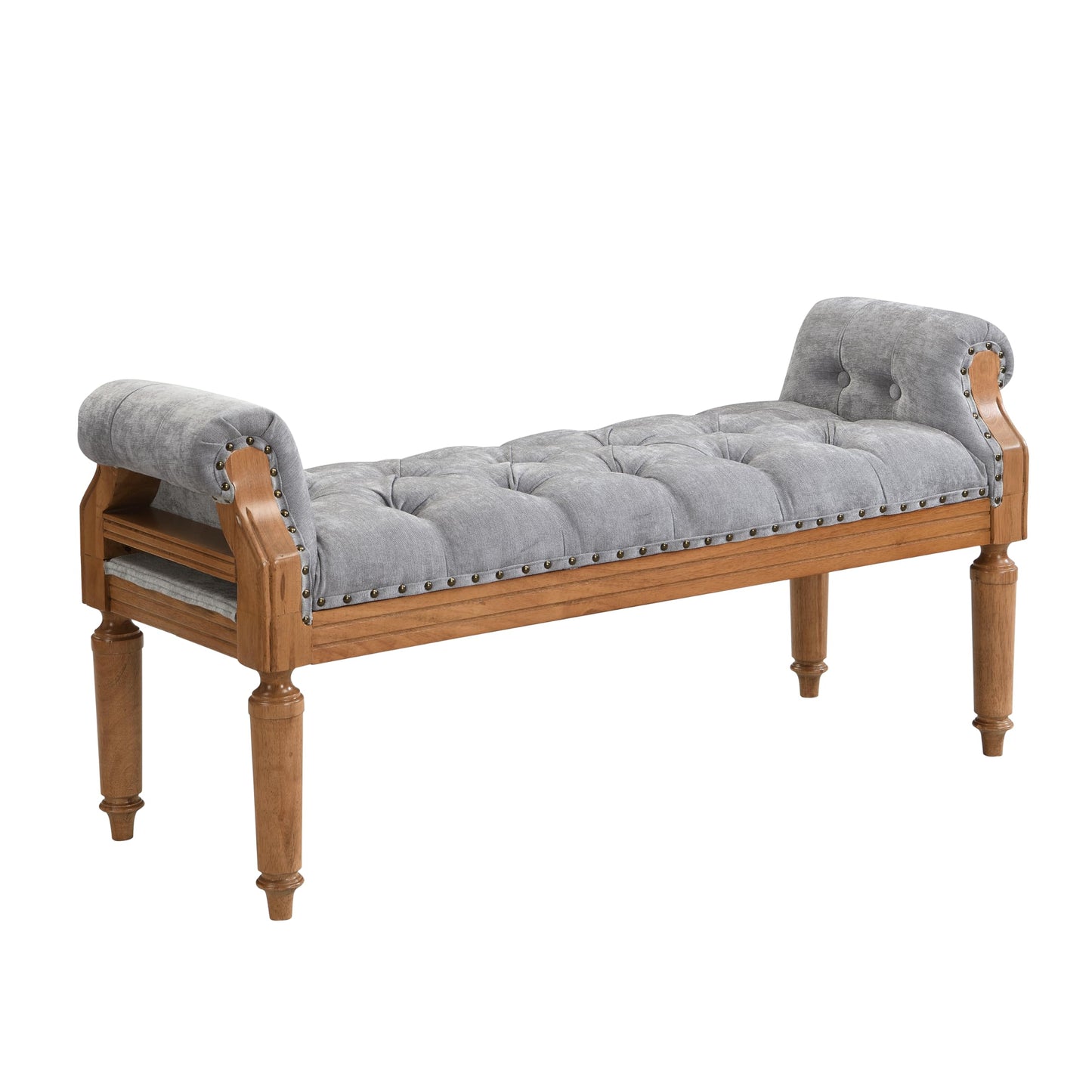 Christopher Knight Home Yordle Button-Tufted Linen Upholstered End of Bed Ottoman, Wooden Living Room Ottoman Bench with Nailhead Trim, Long Entryway Bench with Rolled Arms, Gray + Brown
