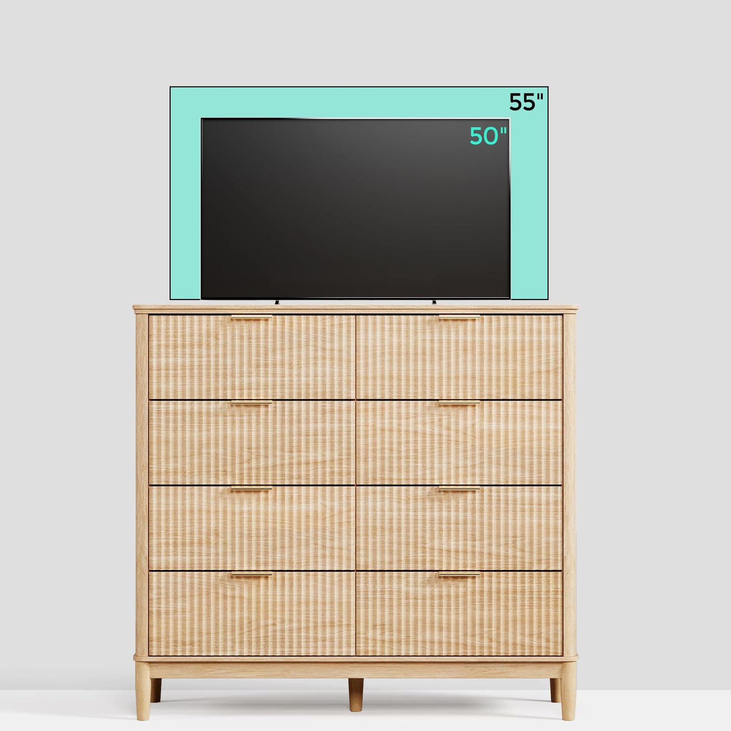 LINSY Fluted Dresser for Bedroom with 8 Drawers, Mid Century Modern Chest of Drawers with Gold Metal Handles, Wide Boho Wood Dressers, Large Farmhouse Storage Cabinet for Bedroom, Living Room, Oak