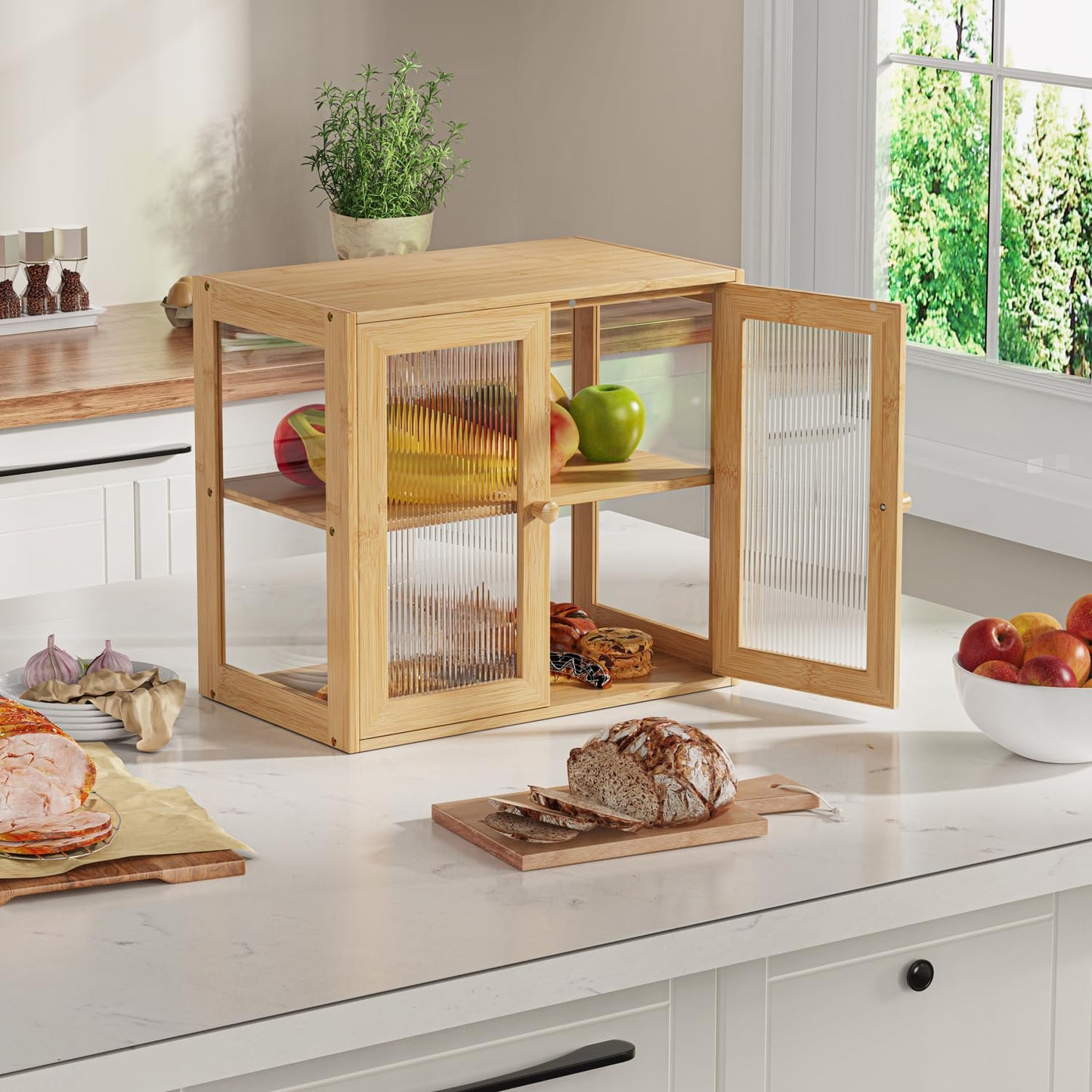 BAMBANG Double Layer Bamboo Bread Box for Kitchen Counter, Bread Bin Farmhouse Large Bread Box with 2 Doors, Wooden Breadbox Storage Container Holder for Homemade Bread, Natural