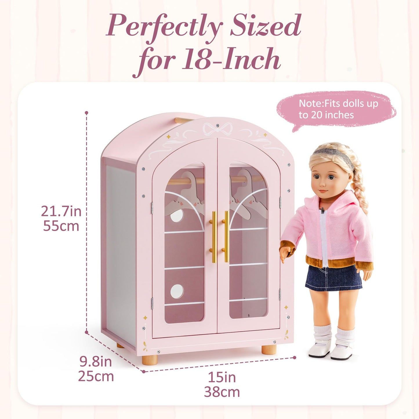 ROBOTIME 18 Inch Doll Closet, Wooden Doll Furniture Wardrobe with Mirror & Hangers, Pink Doll Clothes Storage Armoire, Doll Furniture for 18 Inch Dolls