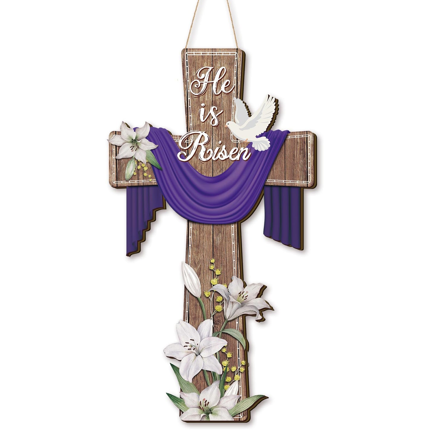 BBTO He Is Risen Easter Door Sign, 31.5 x 15.75 Inches Durable Wooden Religious Cross Hanging Decor Easter Wreaths for Front Door Christian Flowers Lent Hanging Hanger for Farmhouse Front Porch
