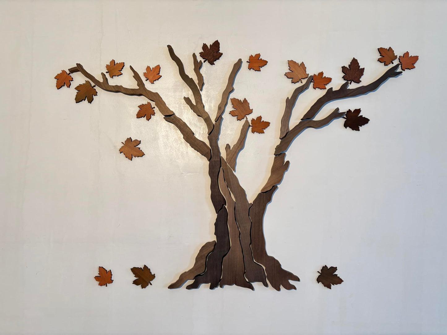 Handcrafted Wooden Maple Tree Wall Art - Large Rustic Tree Sculpture with Falling Leaves for Living Room, Above Sofa, Bedroom & Yoga Room, 59" x 39"