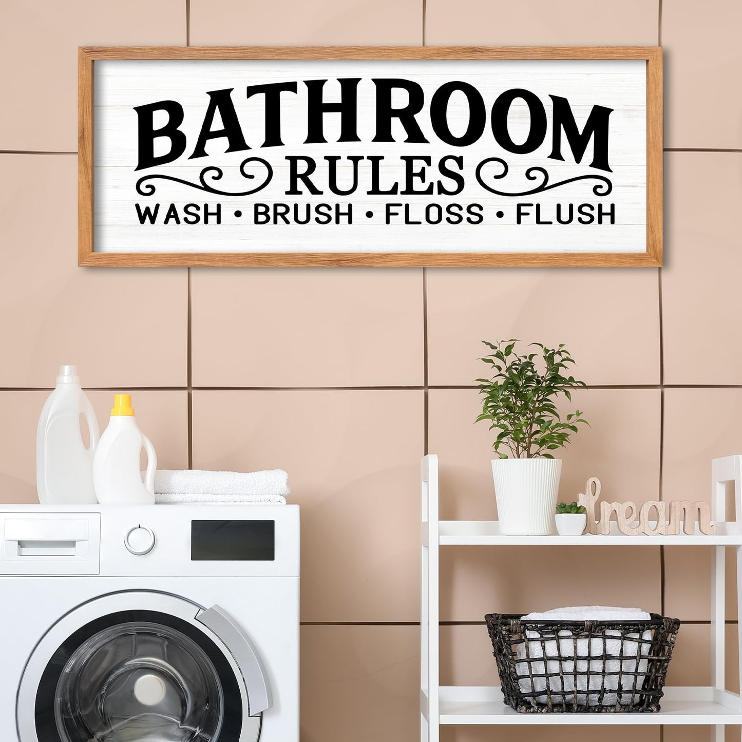 AuraPeak Bathroom Rules Wash Brush Floss Flush Wall Decor Funny Wooden Quote Sign Home Farmhouse Laundry Room Restroom Toilet Shelves Hanging Art Wall Decor (Wood White 32"×12")