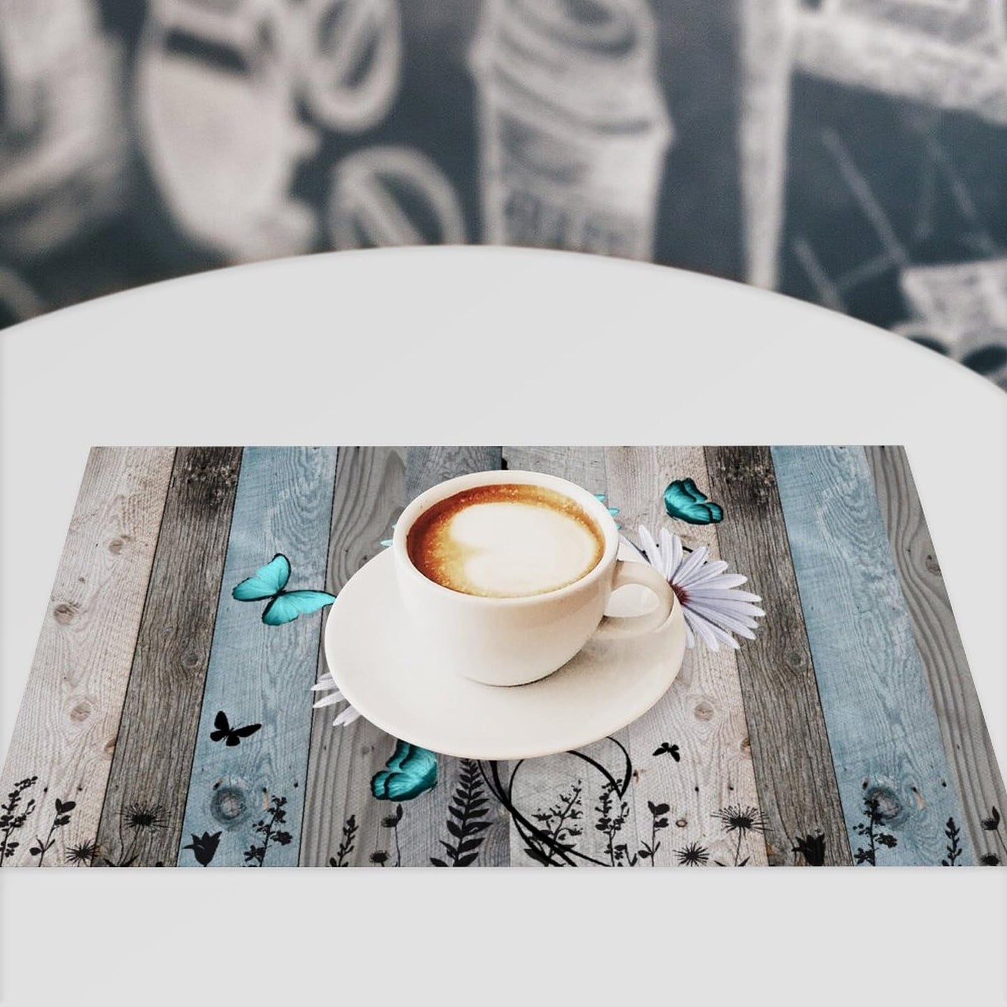 Daisy Floral Placemat Set of 4, 12x18 Inch Rustic Boho Teal Wild Flowers Wooden Butterfly Spring Seasonal Coffee Table Mats for Outdoor Farmhouse Kitchen Dining Table Decoration