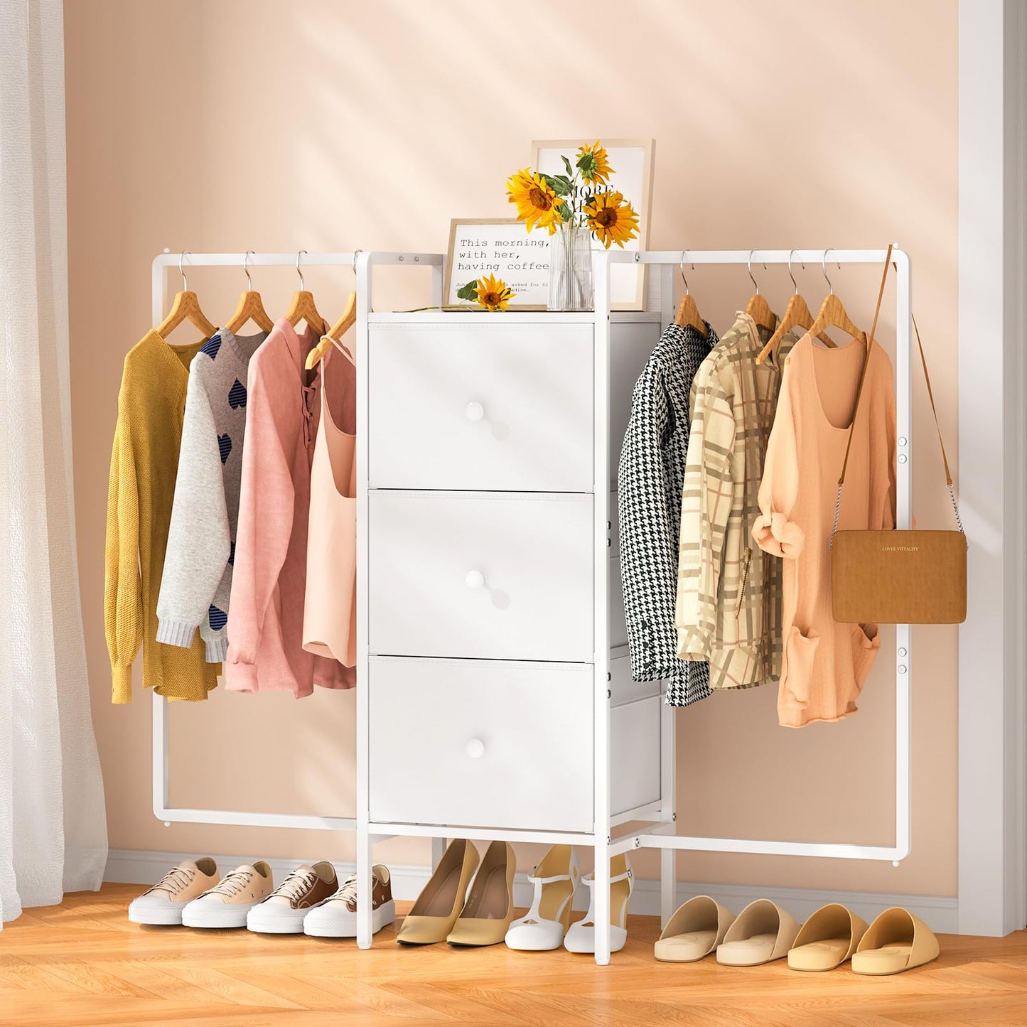 3IngSeagulls Kids Dressers for Bedroom with 2 Hanging Racks, Small Dresser for Bedroom with 3 Drawers, 53'H Faric Chest of Drawers with Clothes Rack, Small White Dresser for Kids with Wooden Top