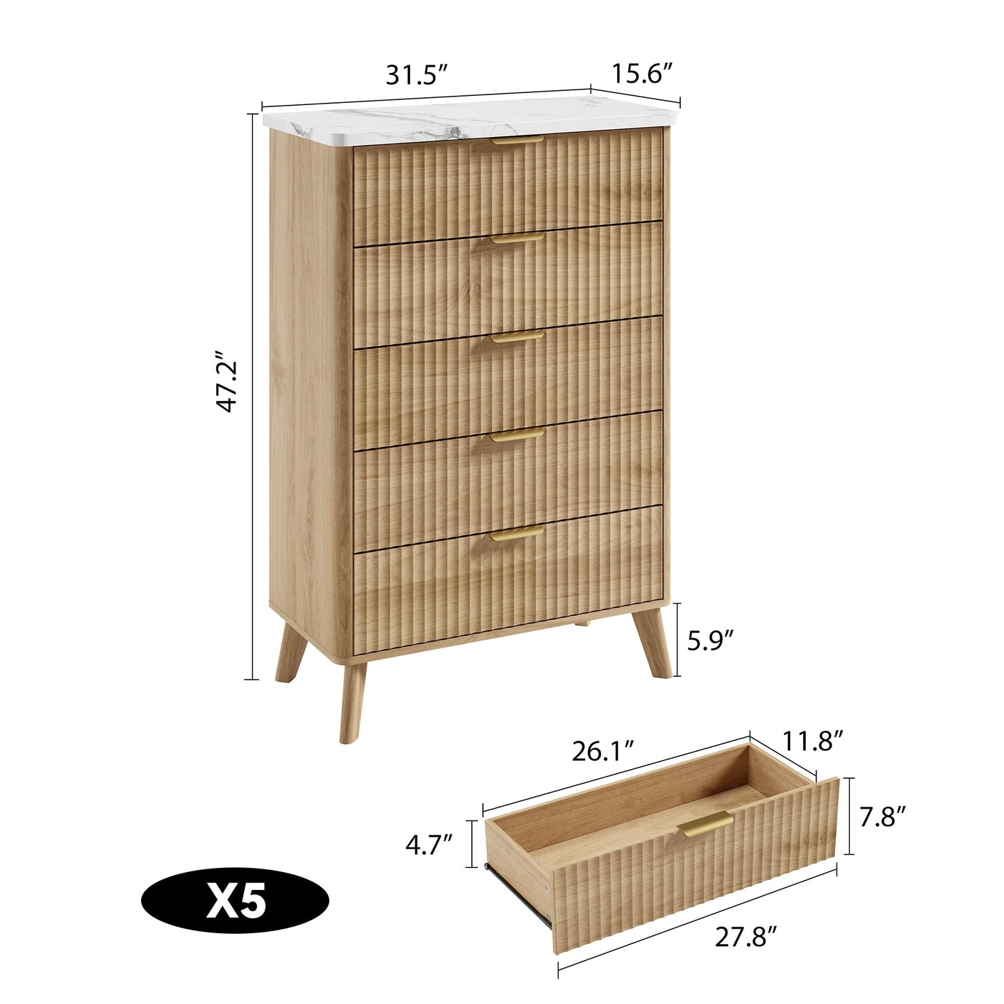 Fluted Dresser for Bedroom with 5 Deep Drawers, 47.2 in Tall Chest of Drawers with Faux Marble Top, Curved Profile Design, Modern Wooden Dresser, for Living Room, Kids Room, Hallway, Natural Oak
