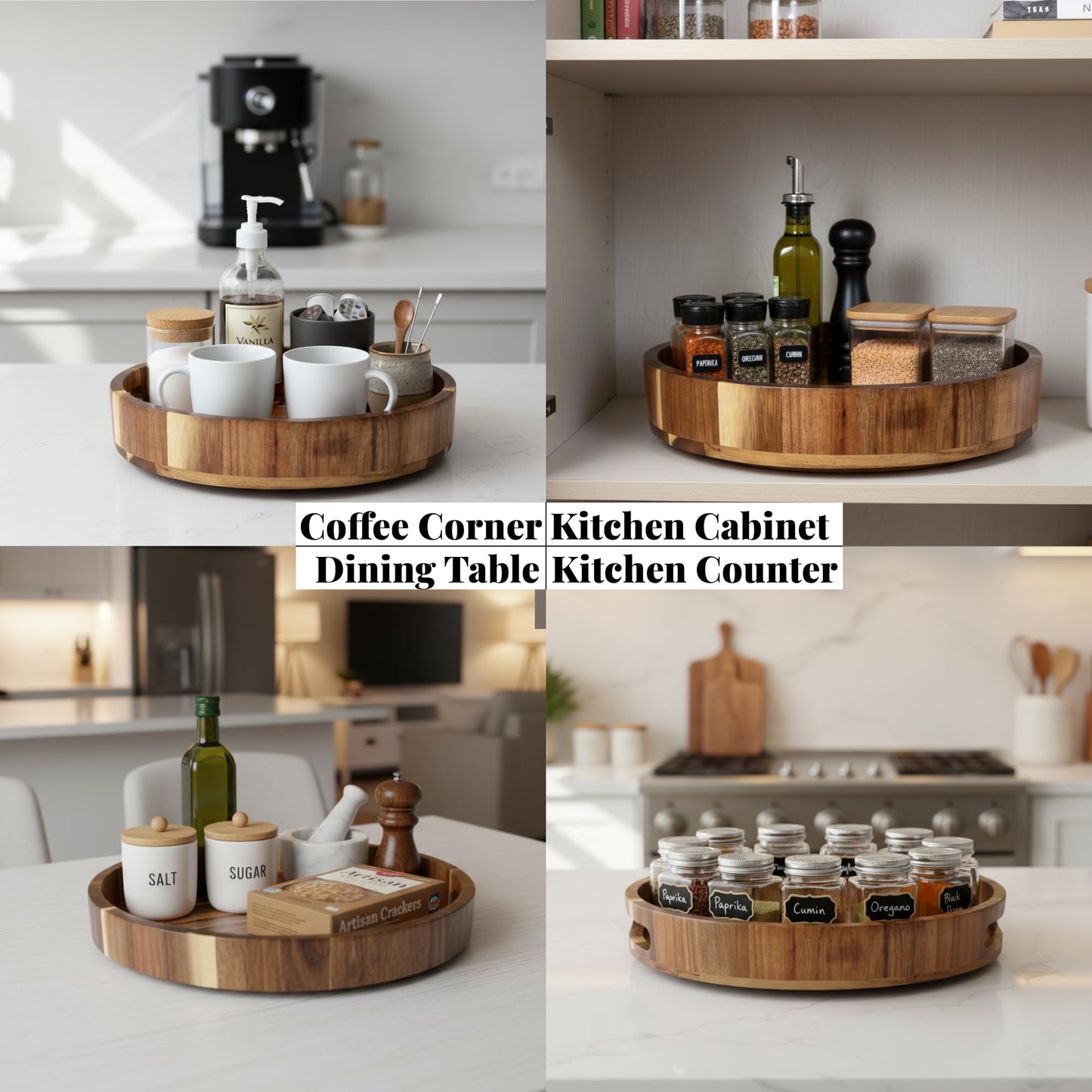 Wooden Lazy Susan for Table Top 12 Inch - Acacia Wood Lazy Susan Turntable Organizer for Kitchen Countertop Dining Table Cabinet - Rotating Tray Centerpiece for Spices Condiments - Large Lazy Susans