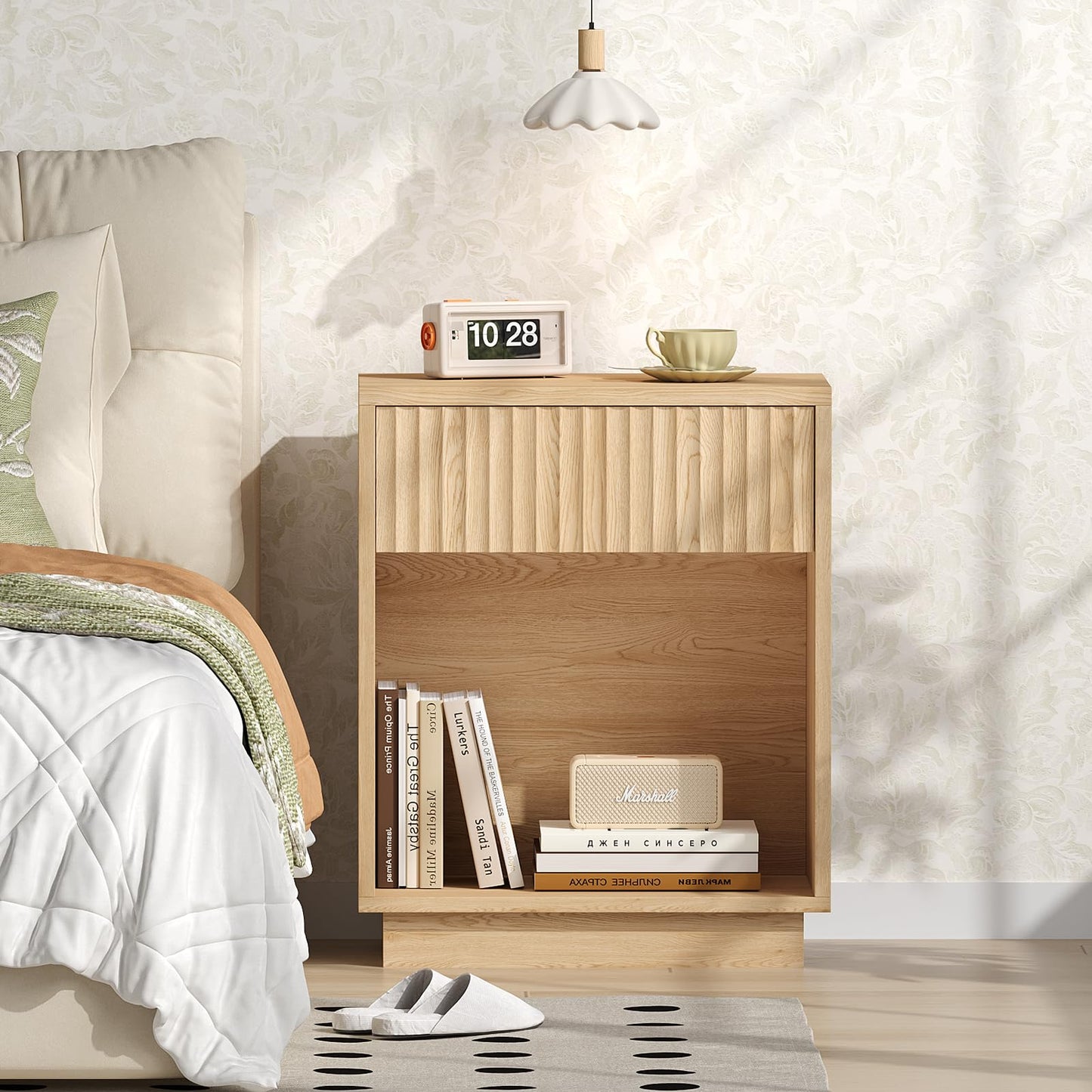 Zeibospri Fluted Nightstands Set of 2, Modern Mid Century Night Stand with Drawer and Open Shelf, Wooden Bedside End Side Table for Bedroom, Hallway, 11.8" D x 18.9" W x 23.6" H, Natural Oak