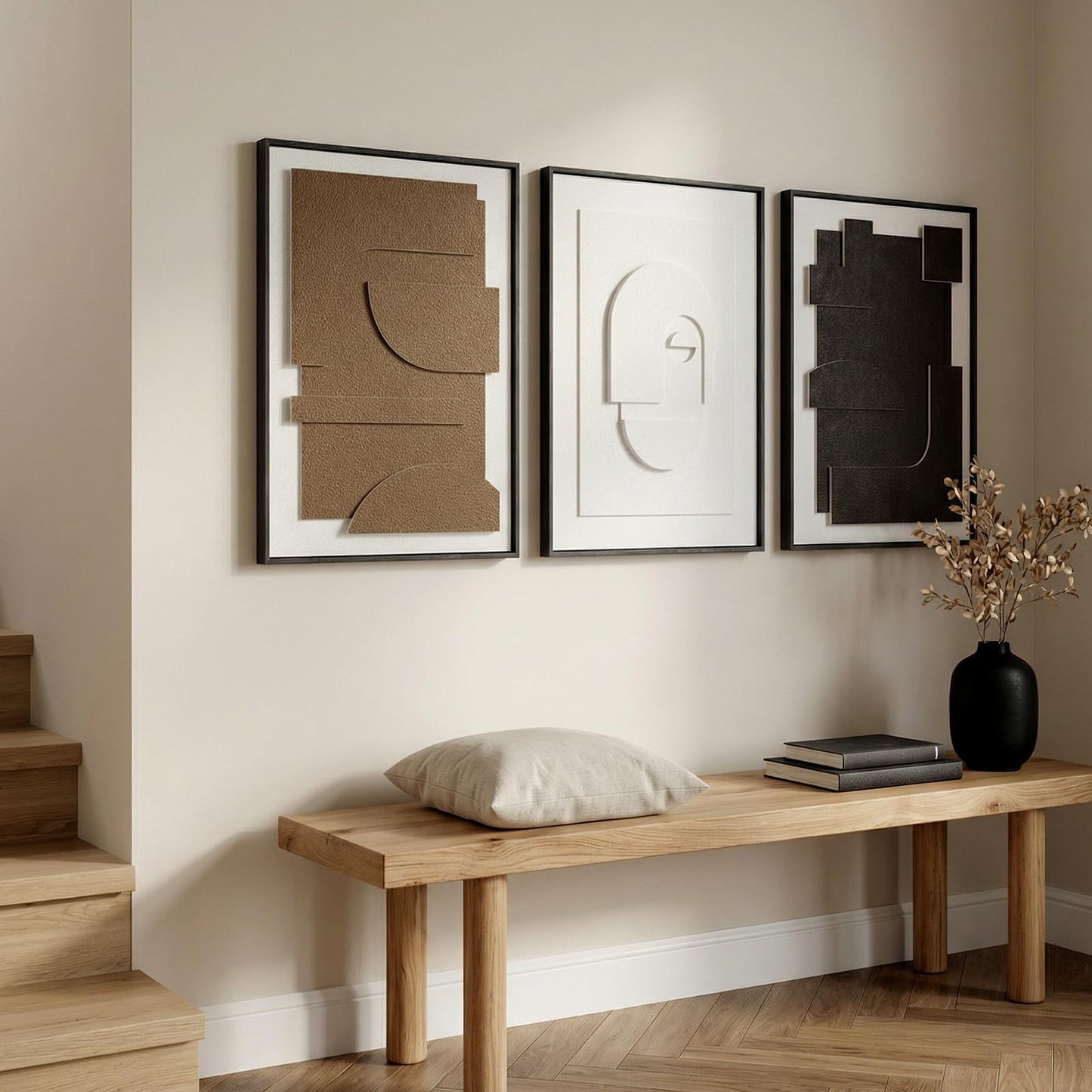 Vaskuro Extra Large Wooden Framed Sandstone Textured Wall Art, 3D Geometric Minimalist Abstract Neutral Decor, Black White Brown, Living Dining Room Office,3pcs,32x24in