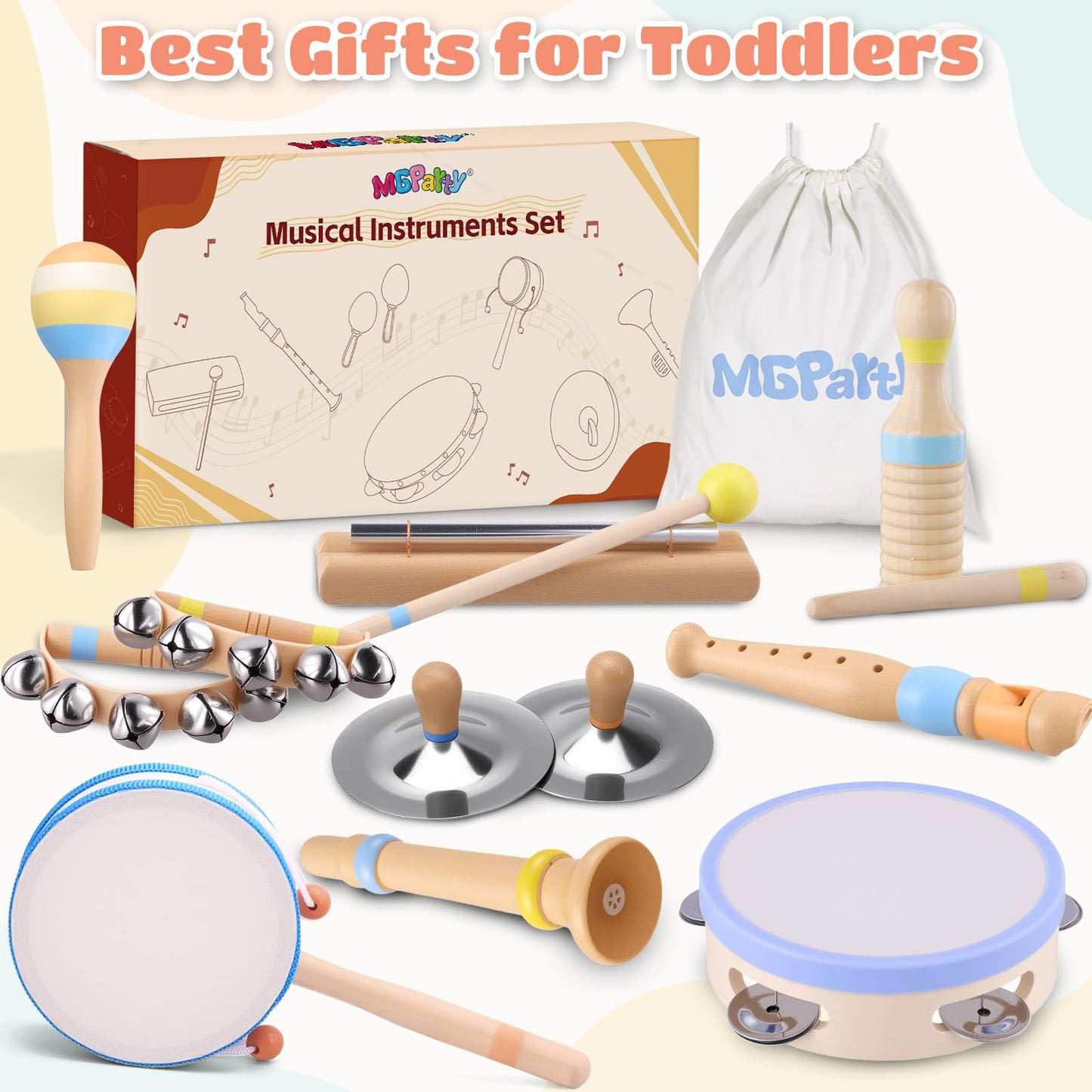 Baby Musical Instruments for Toddlers 1–3, Montessori Wooden Music Set with Drum Flute Clarinet Bells Cymbals, Toddler Musical Instruments Educational Kids Toys Birthday Gifts for Boys Girls
