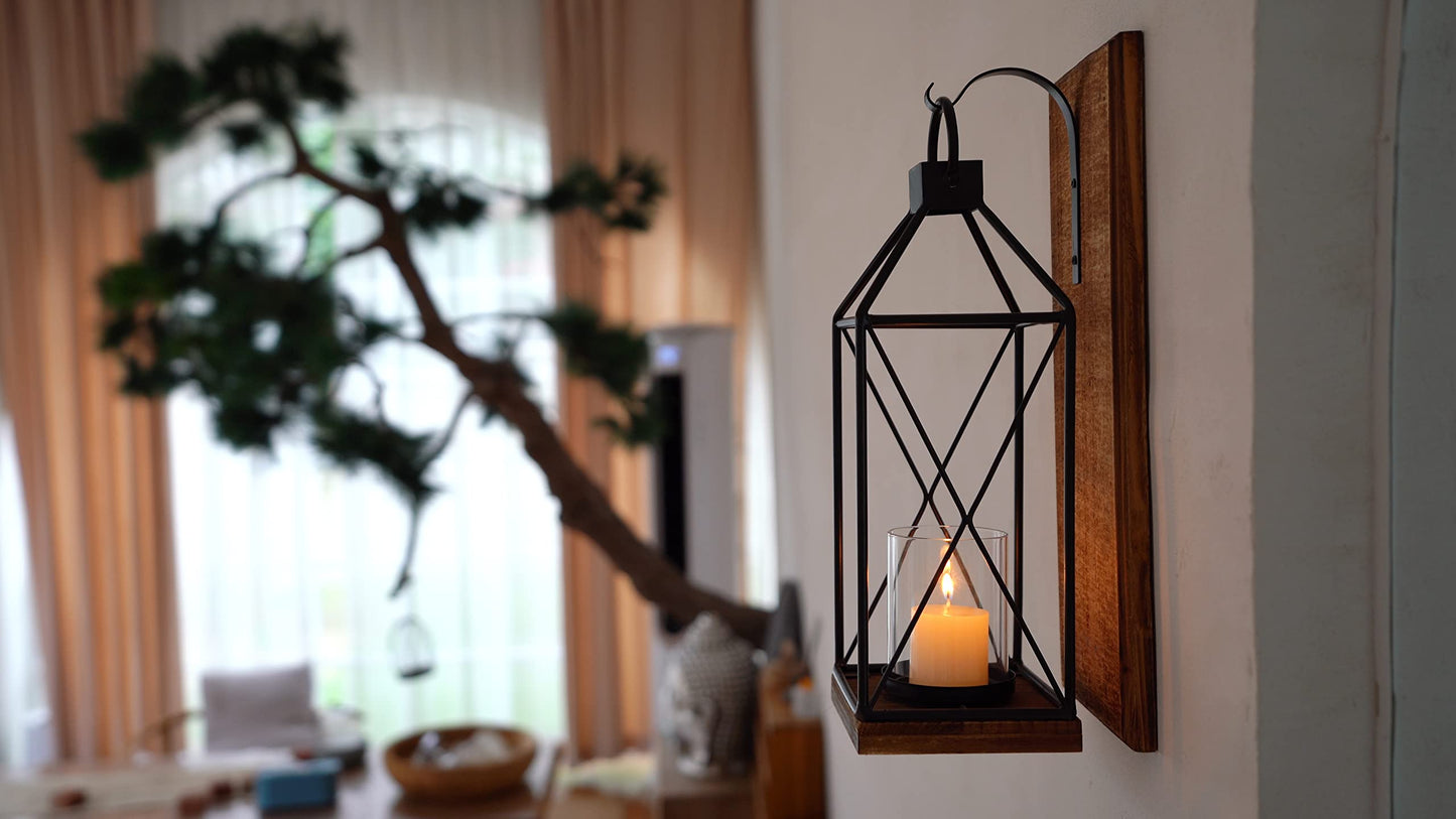 Homemory Wall Candle Sconce, Wood Rustic Candle Holder Decorative Candle Lantern with Glass Holder, Wall Decorations for Living Room, Dining Room (1, Dark Brown)