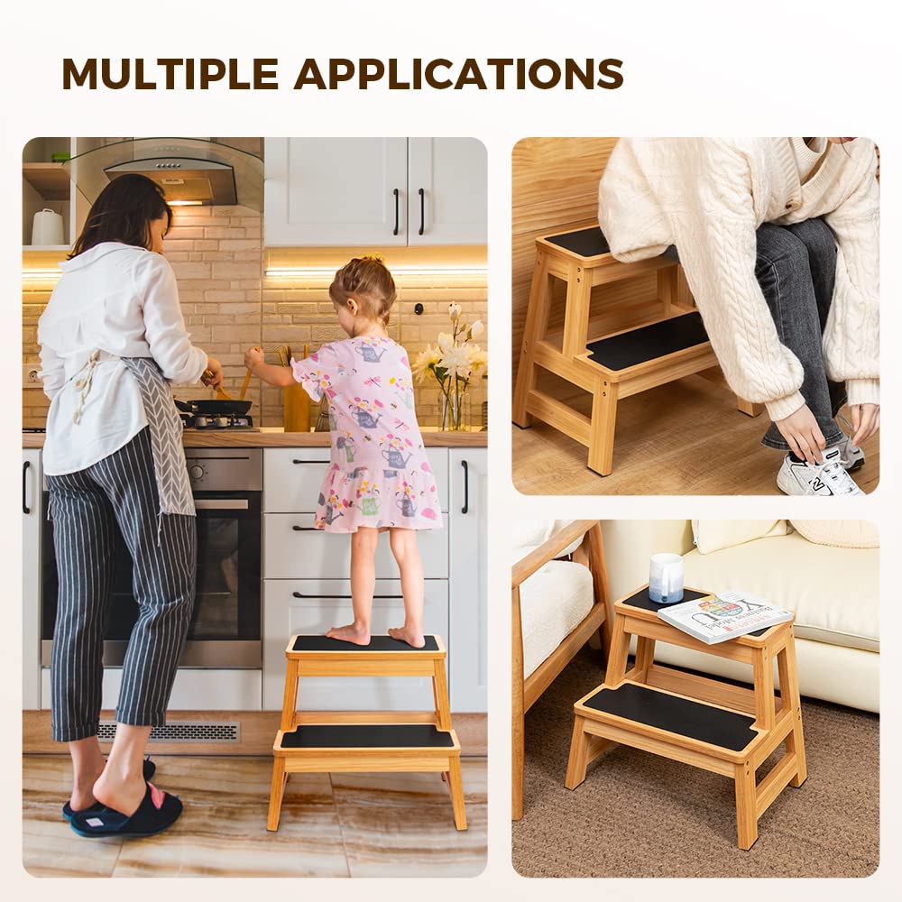 StrongTek Wood Step Stool, 17" Tall Two-Step Design for Adults & Kids, Heavy-Duty 500 lbs Capacity with Non-Slip Steps, Ideal for Kitchen, Bedside & Bathroom Use