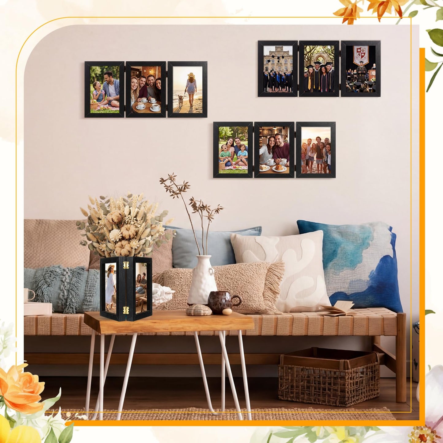 Jetec 8 Pcs Graduation Centerpieces for Tables 4 x 6 Inch Wooden Picture Box Centerpieces Triple Picture Frame Vertical Wood Folding Display Decoration Gift for 2026 Congrats Grad Party Wedding