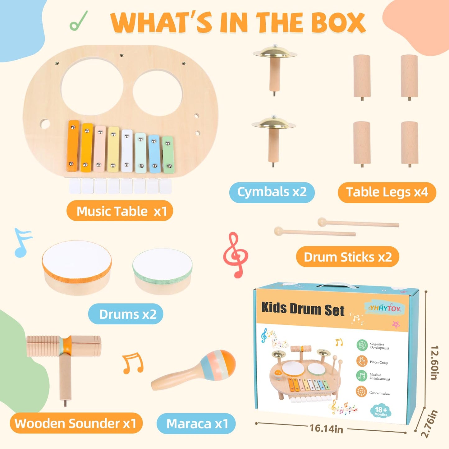 YHHYTOY Baby Drum Set, Wooden Baby Musical Instruments for Toddlers 1-3, Musical Activity Table Percussion Set with Xylophone Cymbal Piano, Montessori Christmas Preschool Birthday Gifts for Kids