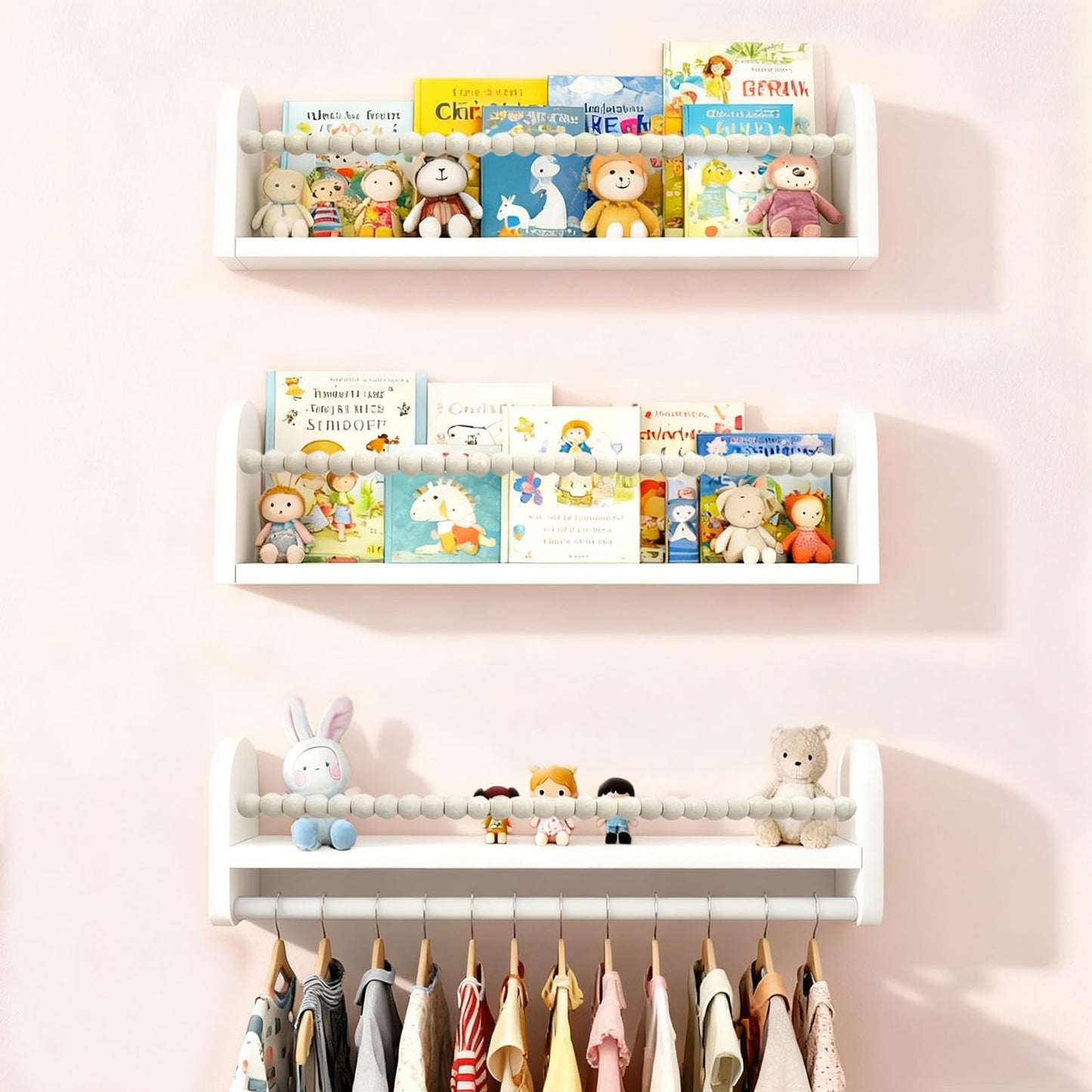OurWarm Nursery Book Shelves for Wall Set of 3, White Natural Wood Nursery Floating Shelves with Towel Bar, Wall Mounted Floating Bookshelves for Baby Room Kids Room Living Room Storage and Decor