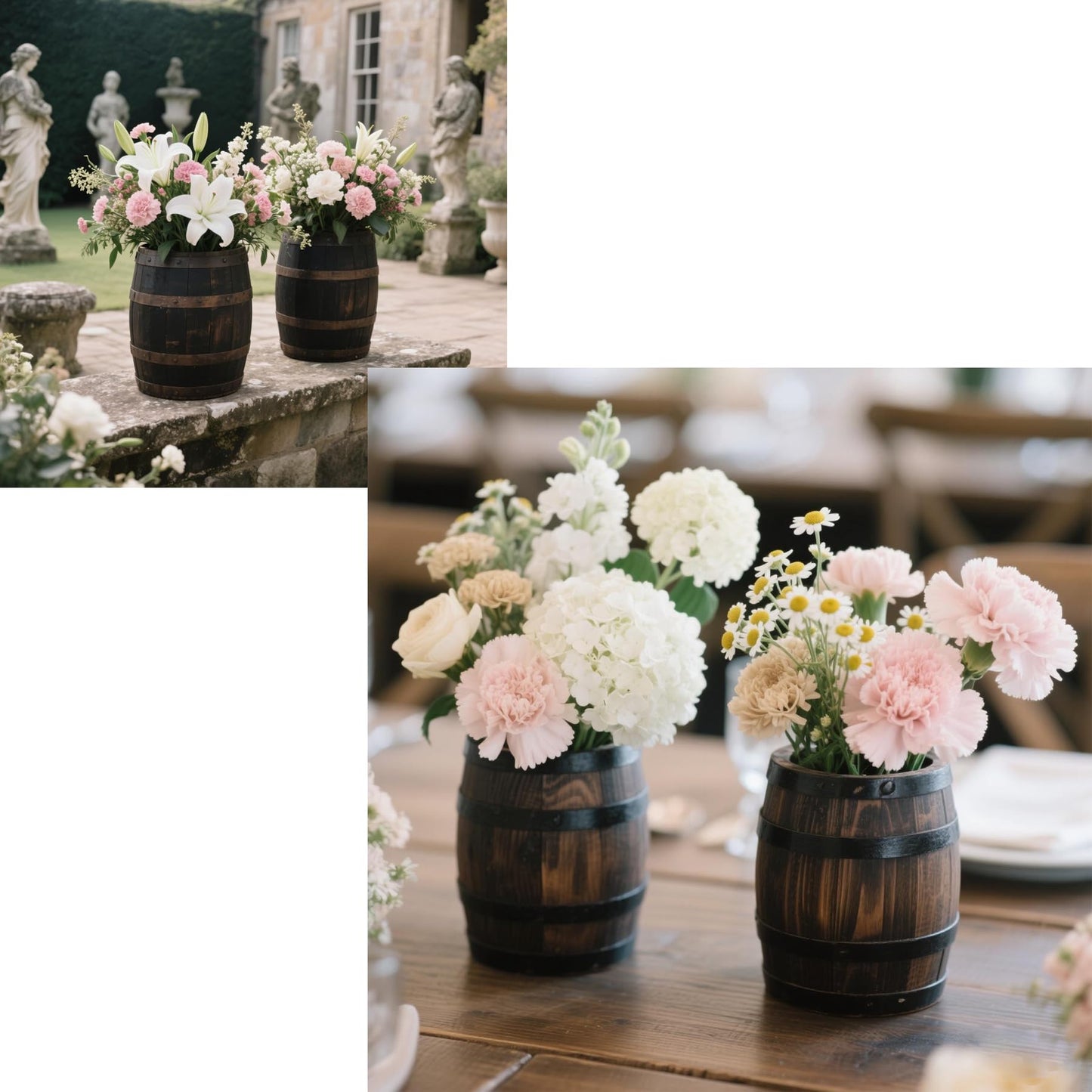 2 Pcs Wood Wine Barrel Vase 6" x 5" โ Rustic Wooden Flower Vase Planter for Wedding Reception, Home Indoor Outdoor Garden, Kitchen, Party Table Decoration