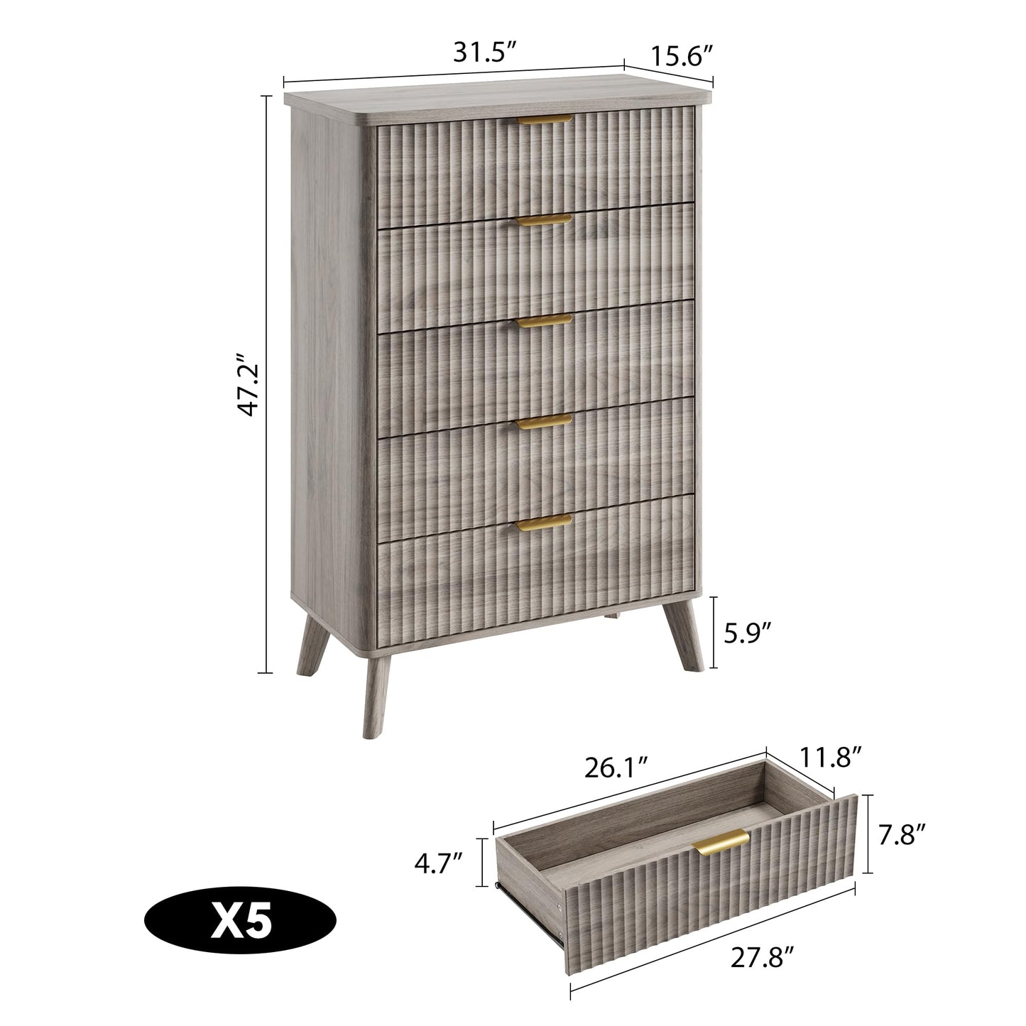 GarveeHome Fluted Dresser for Bedroom with 5 Deep Drawers, 47.2 in Tall Chest of Drawers, Curved Profile Design, Modern Wooden Dresser, for Living Room, Kids Room, Hallway, Grey