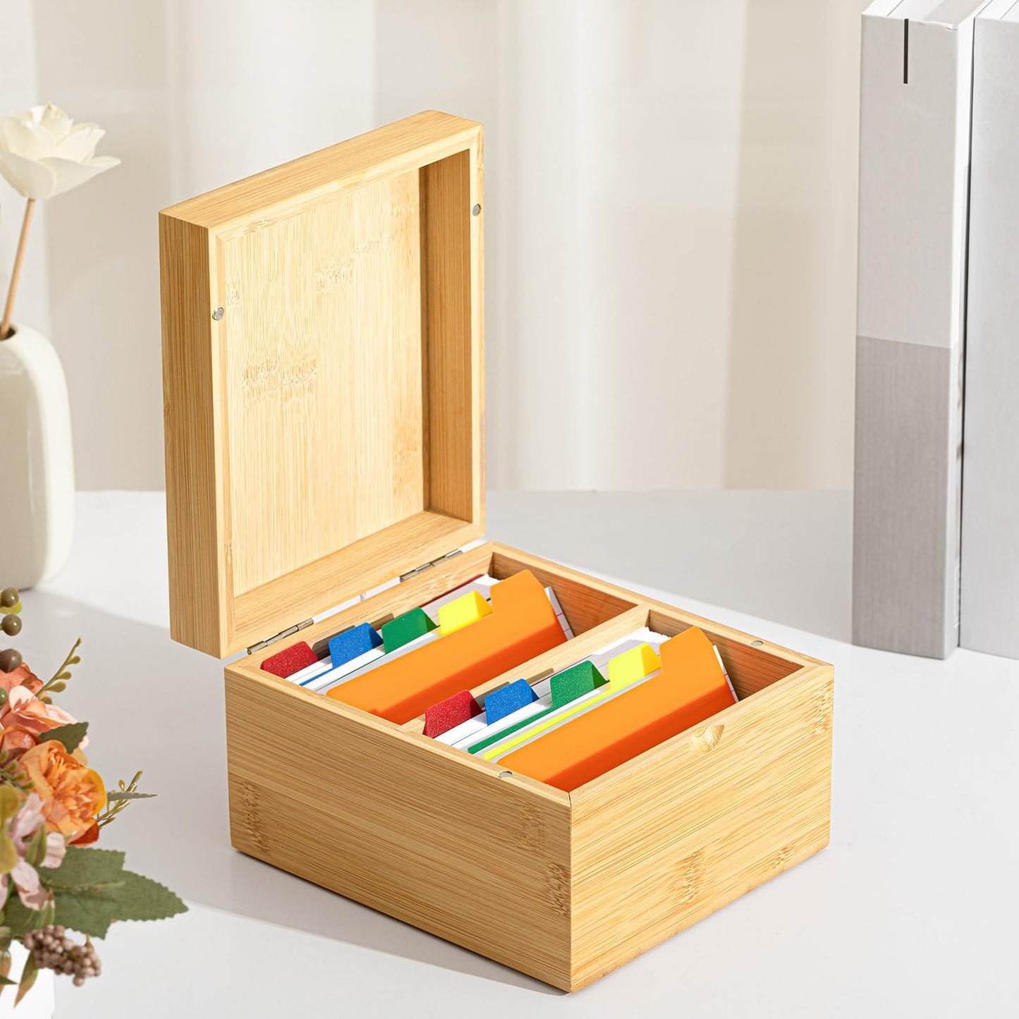 Henoyso 3 x 5 Inch Index Card Holder Set, Bamboo Organizer Box with 300 Note Cards, 30 Dividers & 2 Sticker Sheets, Holds 1200 Cards for Office Business Home Kitchen, Natural Wood