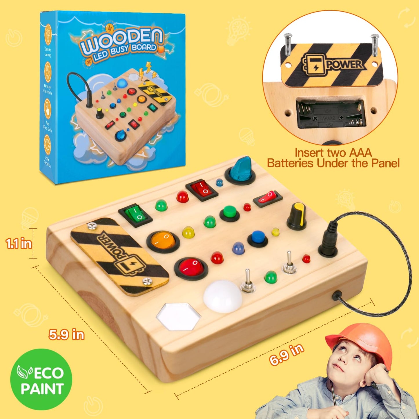 TINTECUSA LED Busy Board, Wooden Sensory Toys for Toddler, Montessori Music Toy for Airplane, Travel Activity Educational Learning Toy, Busy Light Switch Autism Toys, Birthday Boys Girls Gifts