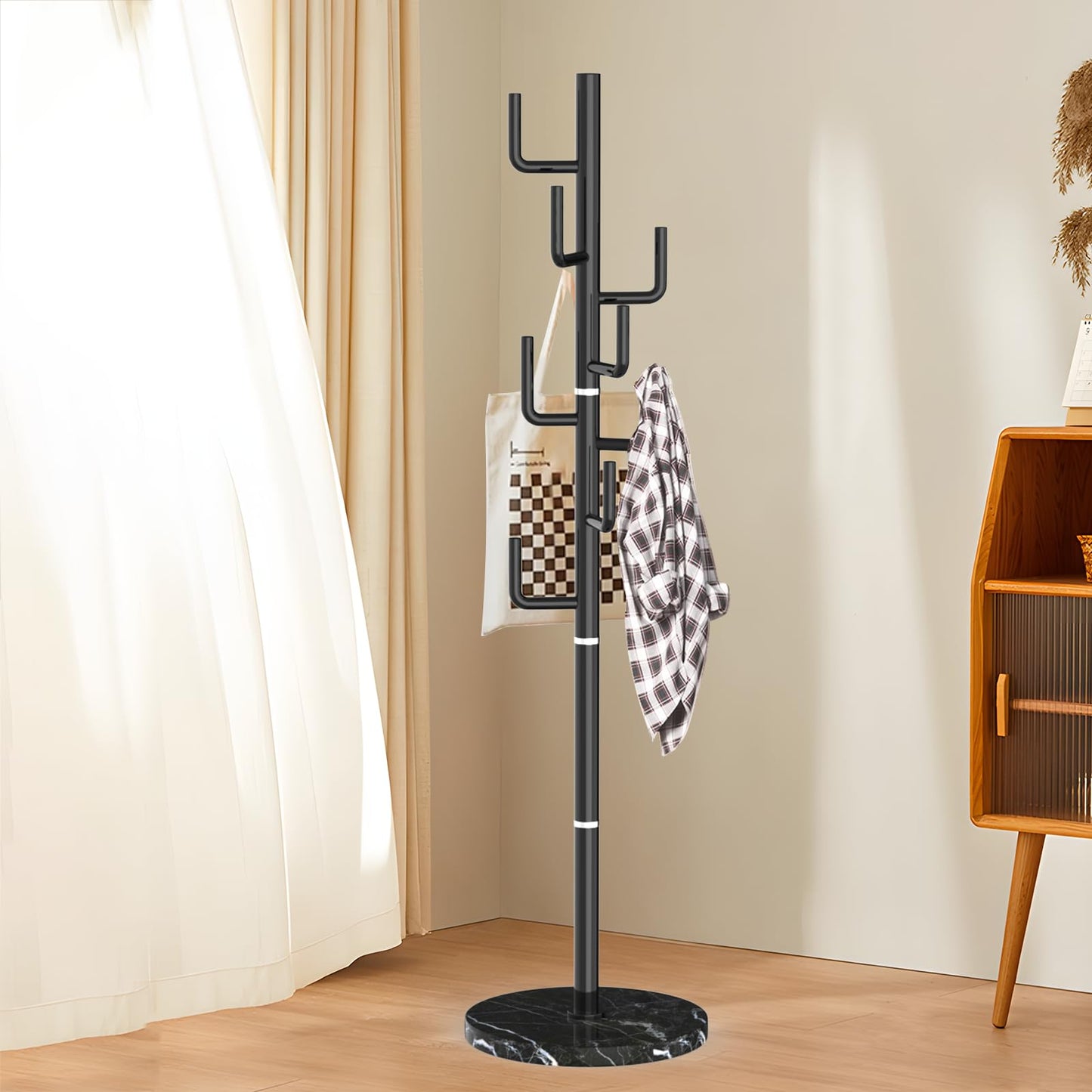 LOZABEE Modern Metal Coat Rack Stand with Natural Marble Base, Heavy Duty Coat Rack Freestanding with 8 Hooks, Black Cactus Standing Coat Racks for Bag, Jacket, Entryway Office (Black Cactus)