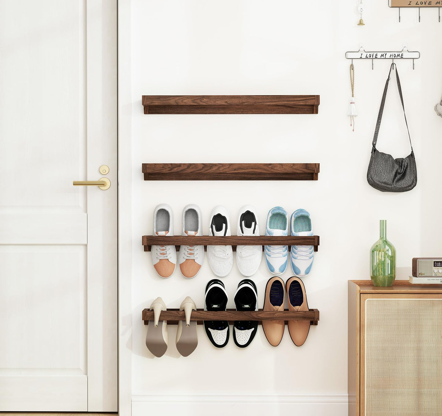 lesolar Wall Mounted Shoe Rack 30in, Hanging Shoe Organizer Rack 4 Pack, Solid Wood Shoe Storage Rack Rustic Burnt, Wooden Shoe Shelf Rack, Hanging Shoe Organizer Holder for Closet Door RV Entryway