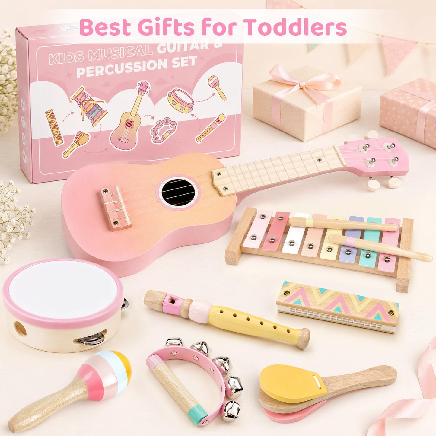 Pink Kids Guitar Set - 8 in 1 Toddler Montessori Musical Instruments