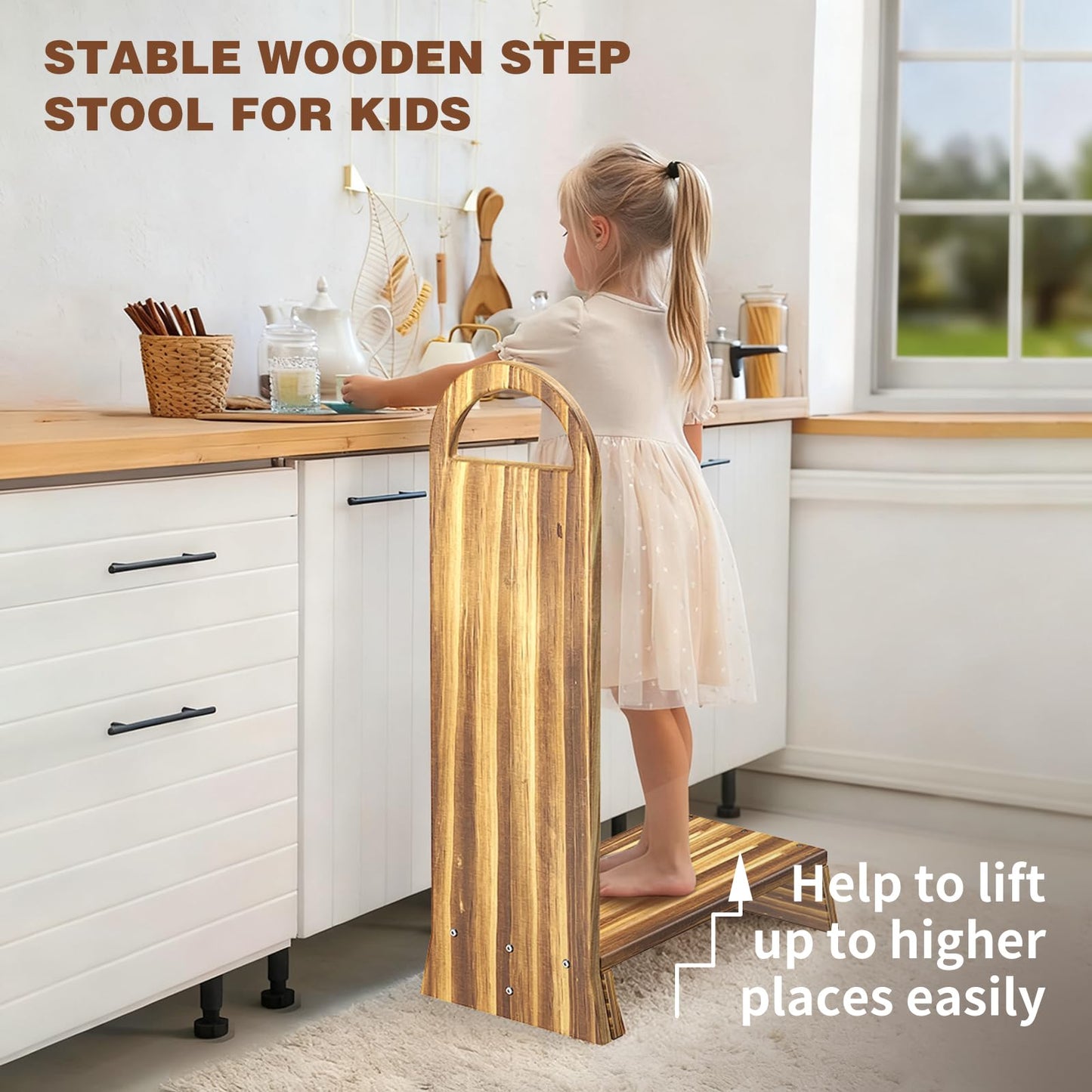 Coocure Wooden One Step Stool with Handle, 5" Height Wooden Step for Bathroom/Kitchen, Solid Wooden Step with trapezoidal feet for Elderly, Adults, Kids to Get in & Out of Bed Easily(440LBs Capacity)