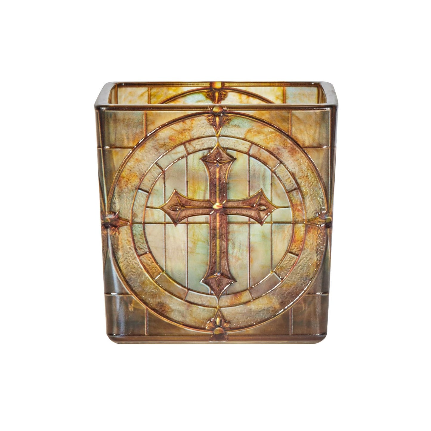 Square Glass Vanity Organizer Religious Cross Altar Ofrenda Qtip Holder Makeup Brush Holder Pen Cup Tealight Candle Holder Table Decor Green