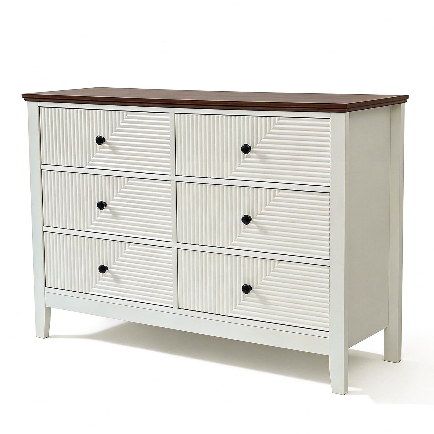 ZOOIQ White 6 Drawer Dresser for Bedroom, 47 Inch Wide Diagonal Grain Grooved Wooden, Brown Panel, Modern TV Stand Storage Cabinet, Suitable for Foyer and Aisle