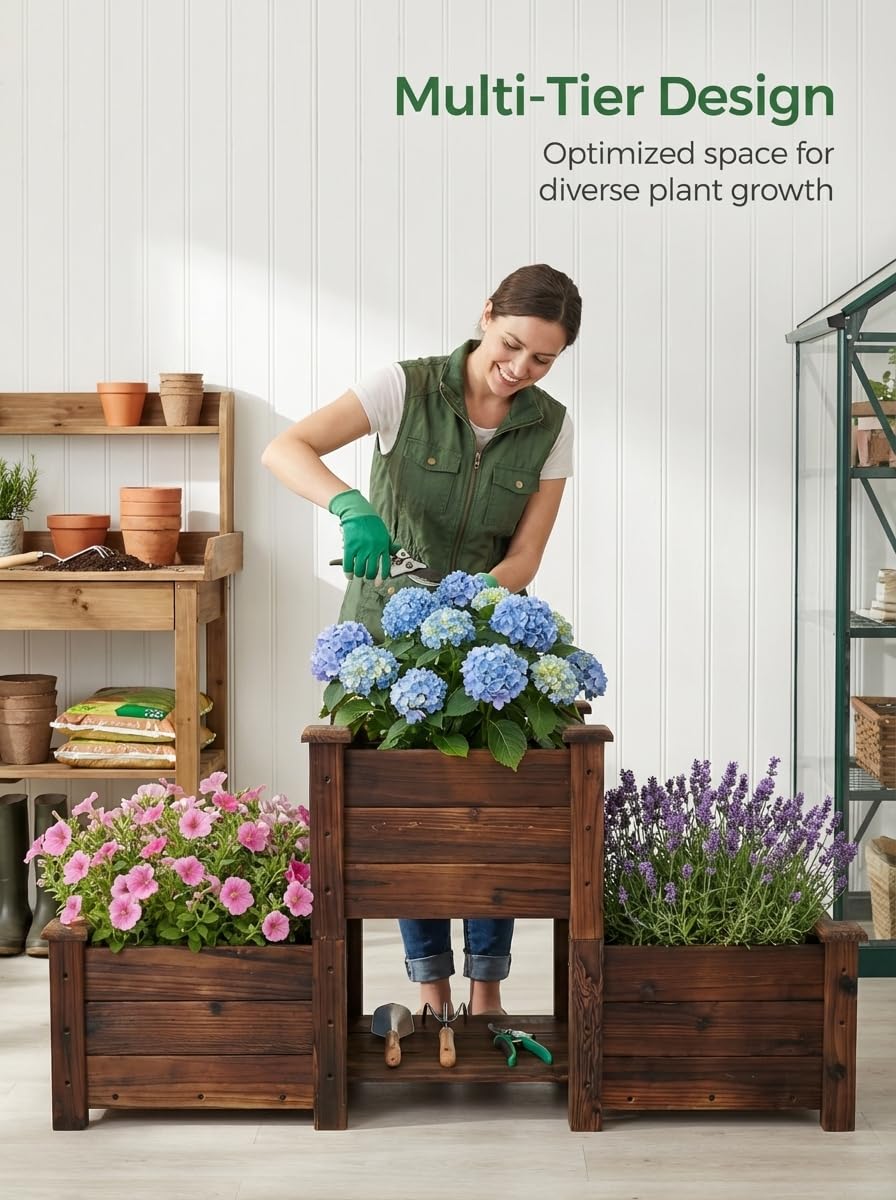 Borsynium Wooden Raised Planter Box Set, 3-Tier, Carbonized Brown, Outdoor Garden Bed, Rustic Style