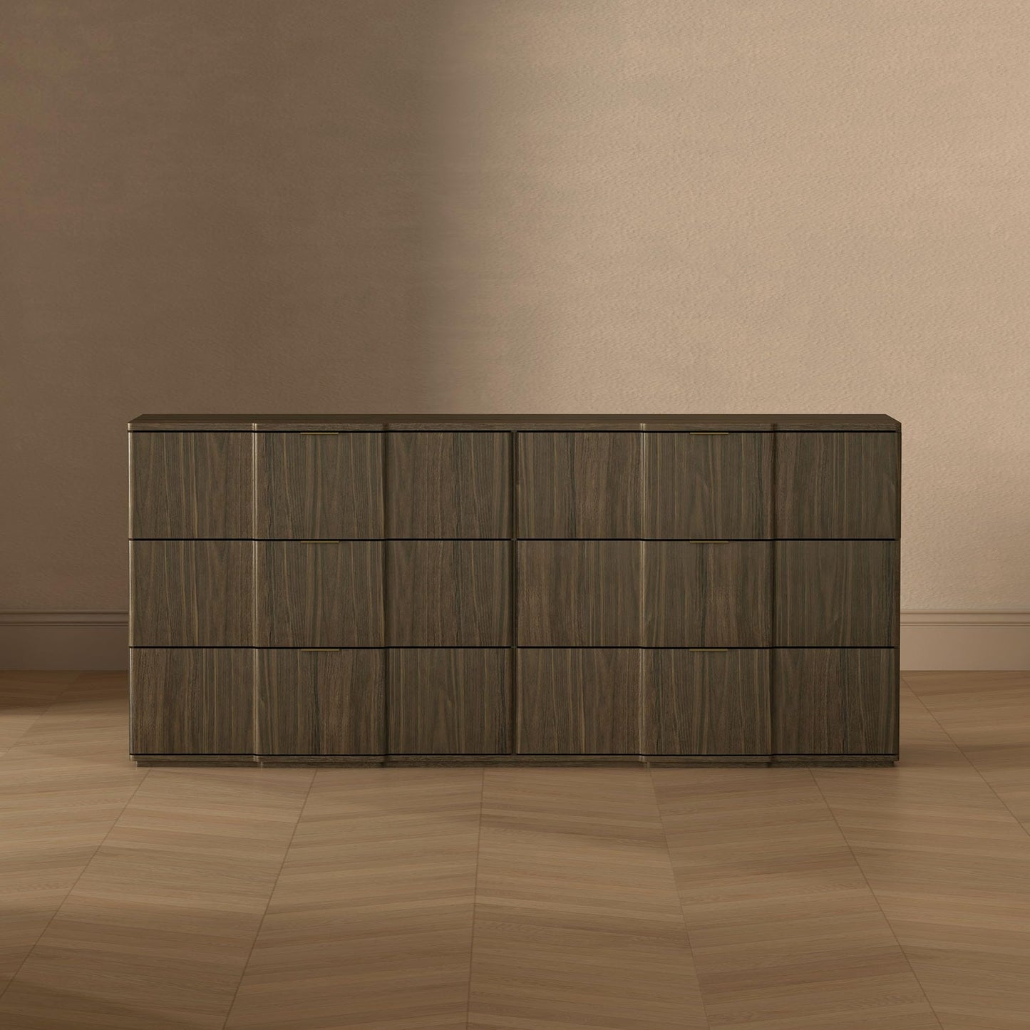 Manhattan Comfort Clive 72” Modern 6 Drawer Dresser, Wide Chest of Drawers with Sculpted Fluted Front & Accent Recessed Handles, Doubles as 70” TV Stand, Walnut Brown and Gold