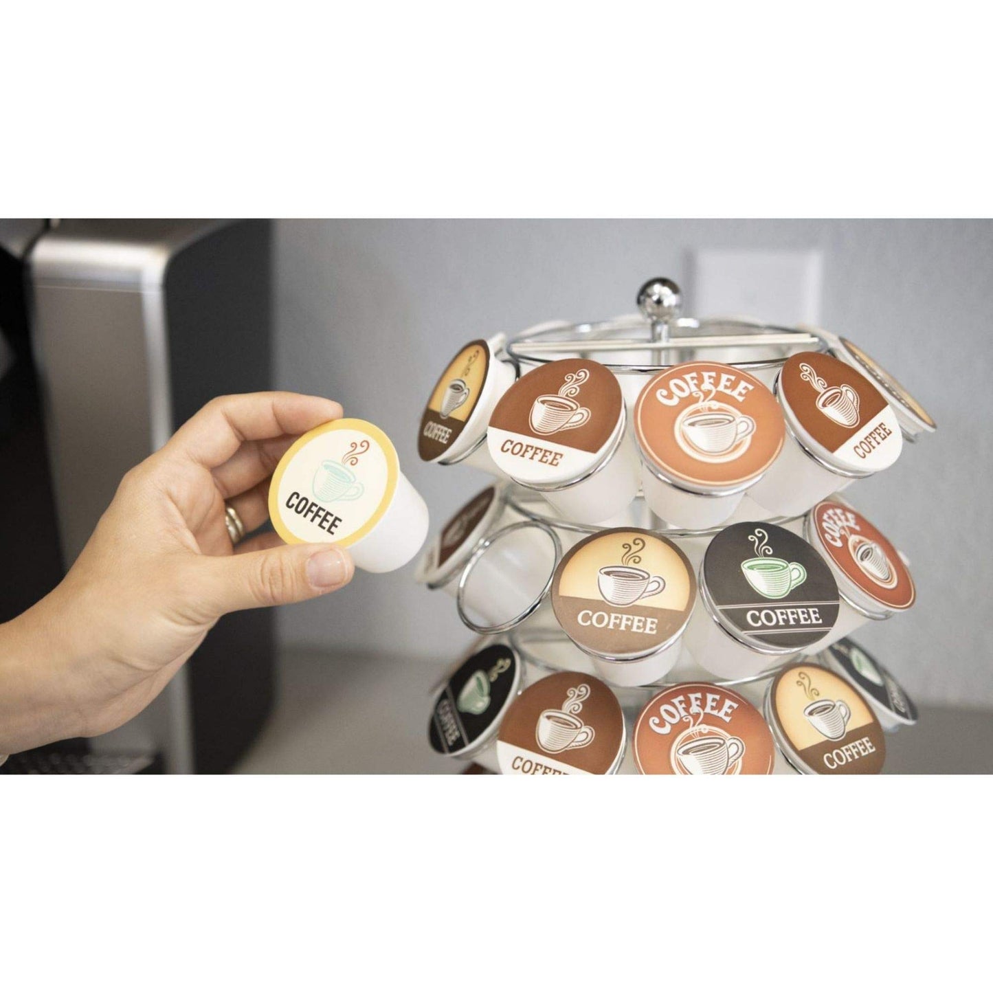 Nifty K Cup Holder – Compatible with K-Cups, Coffee Pod Carousel | 36 K Cup Holder, Spins 360-Degrees, Lazy Susan Platform, Modern Chrome Design, Home or Office Kitchen Counter Organizer