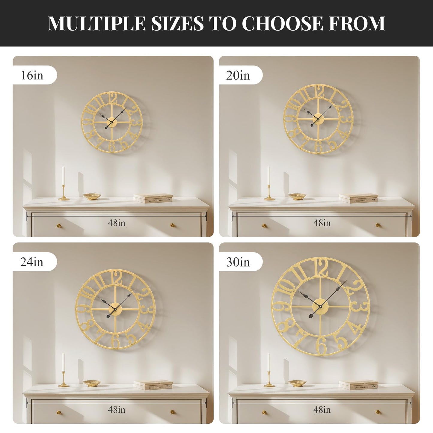Large Wall Clock Gold Clocks for Living Room, 24 Inch Decorative Wall Clocks Battery-Operated, Modern Metal Round Clock Silent Non Ticking for Kitchen Mantel Bedroom Office Decor, Arabic Numerals