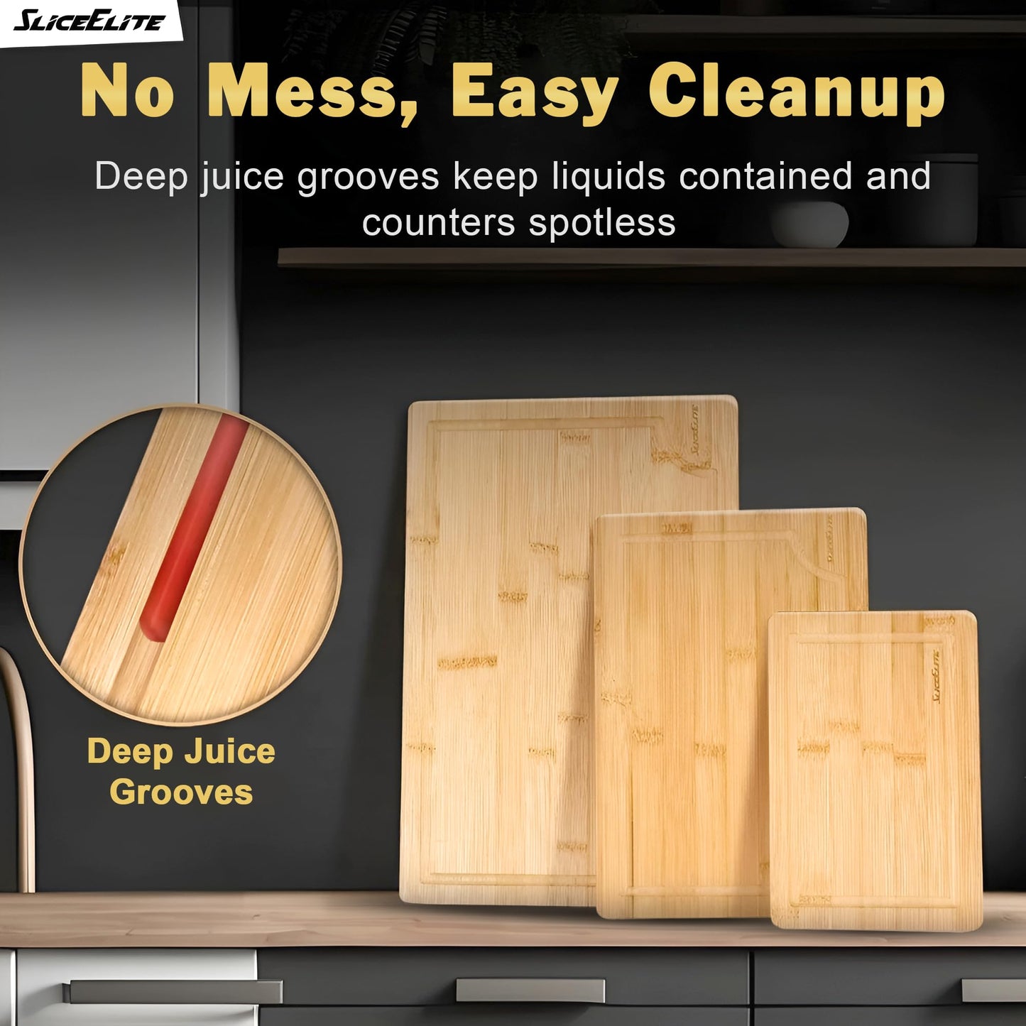 SliceElite Bamboo Cutting Board Set of 3 Wooden Cutting Boards for Kitchen with Juice Grooves Side Handles Bamboo Chopping Boards for Meat Vegetables Fruit Bread Charcuterie Meal Prep Serving Tray Set