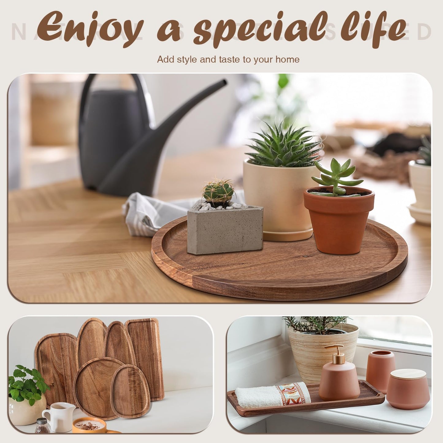 Rtteri Set of 6 Acacia Wood Serving Platters Wooden Plates Solid Wood Serving Tray Charcuterie Board for Kitchen Dinner Food Cheese Appetizer Dessert Snack BBQ Picnic Party Favors Housewarming Gifts