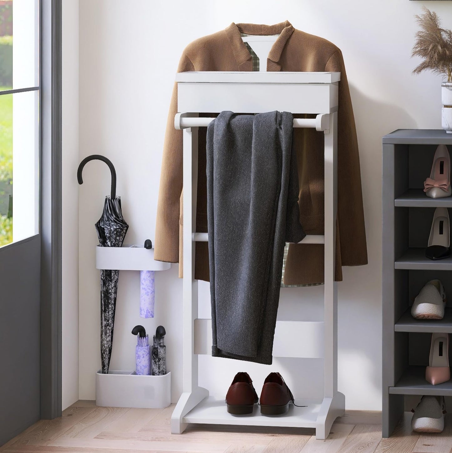 RELAHOGAR Suit Valet Stand for Men, Wooden Mens Valet Stand with Tray Organizer, Shoe Shelf, Hanging Rod & Suit Rack, Freestanding Clothes Rack for Bedroom, Entryway, Office, White