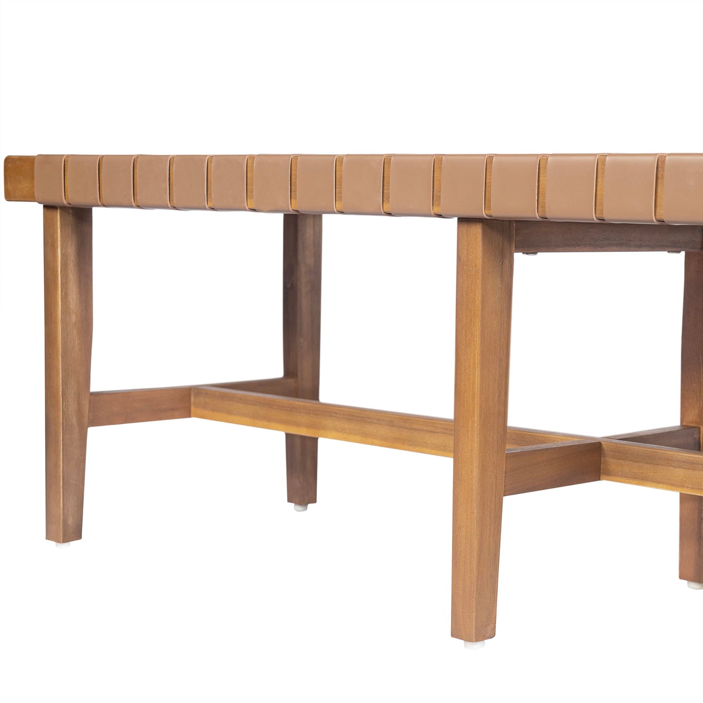 Christopher Knight Home Vinson Country Style Acacia Wood Bedroom Armless Bench with Woven PU Leather Seat, Wooden End of Bed Footrest Stool, Accent Living Room/Entryway Ottoman Bench, Natural Brown