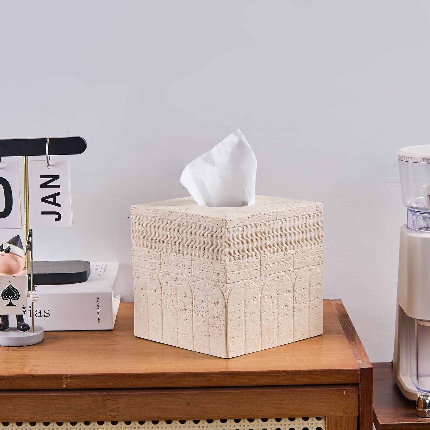 Travertine Tissue Box Cover – Classic Carved Square Resin Tissue Box Holder – Heavy Duty Decorative Home & Bathroom Decor for Countertop, Tabletop, Night Stand, Office – Beige