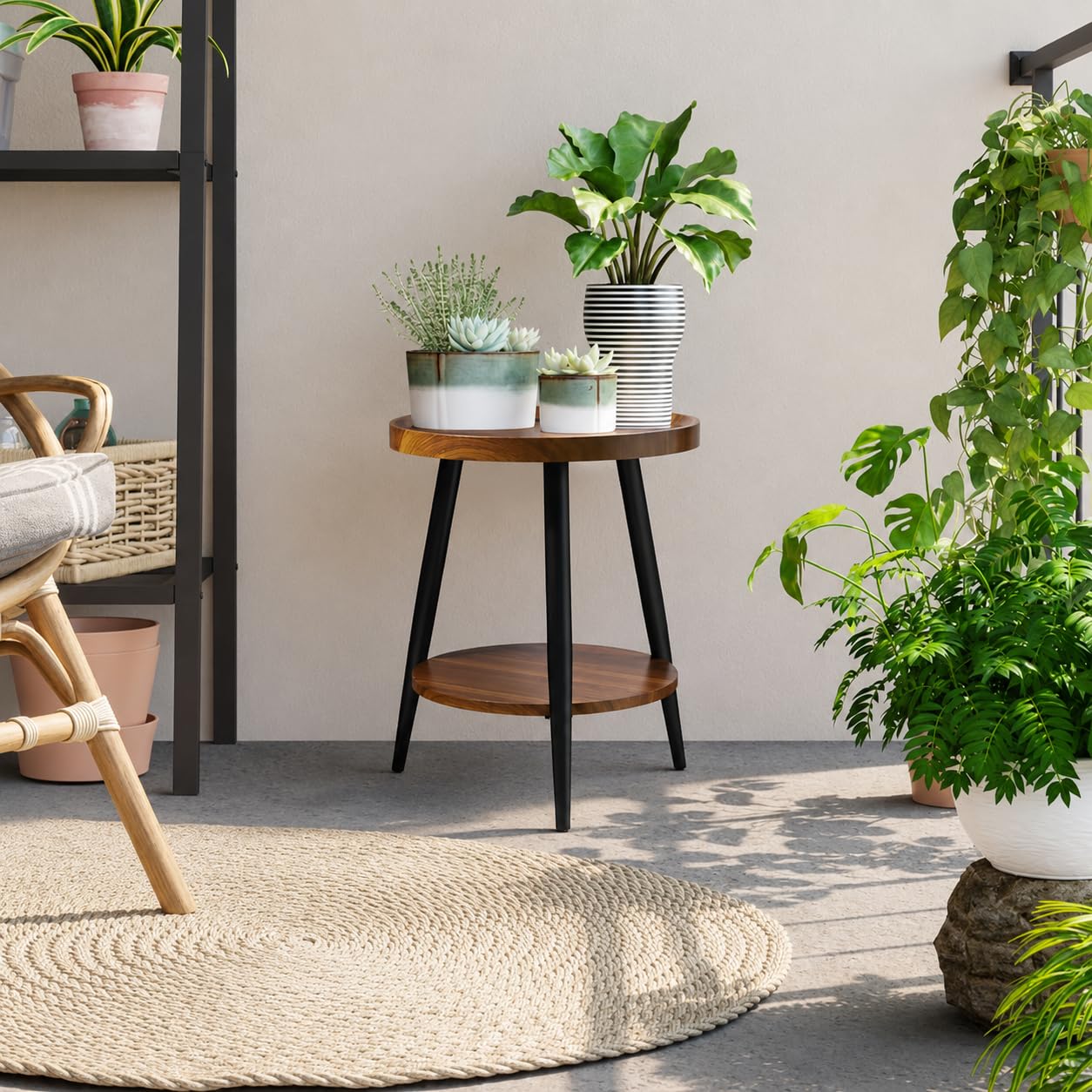 FANTERSI Small Round Side Table, 2-Tier Mid Century Modern Side Table, Round End Table Small End Table for Living Room, Metal Frames, Brown