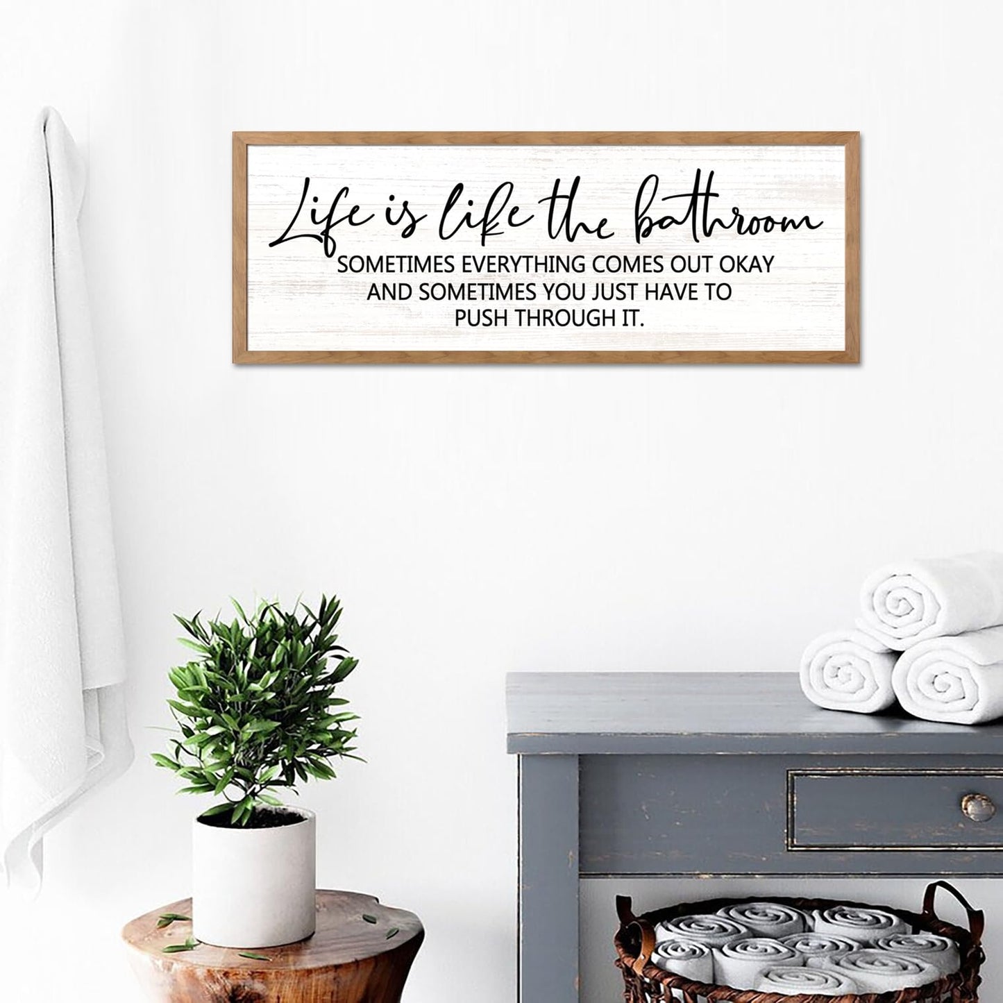 Cpcdaosk Life is Like the Bathroom Wooden Sign Framed Wall Art, 32''×12'' Horizontal Inspirational Quote Wood Plaque above the Bathtub, Farmhouse Long Motivational Saying Wood Sign Wall Decor for Bathhouse (Life is Like the Bathroom, Natural, 32"x12")